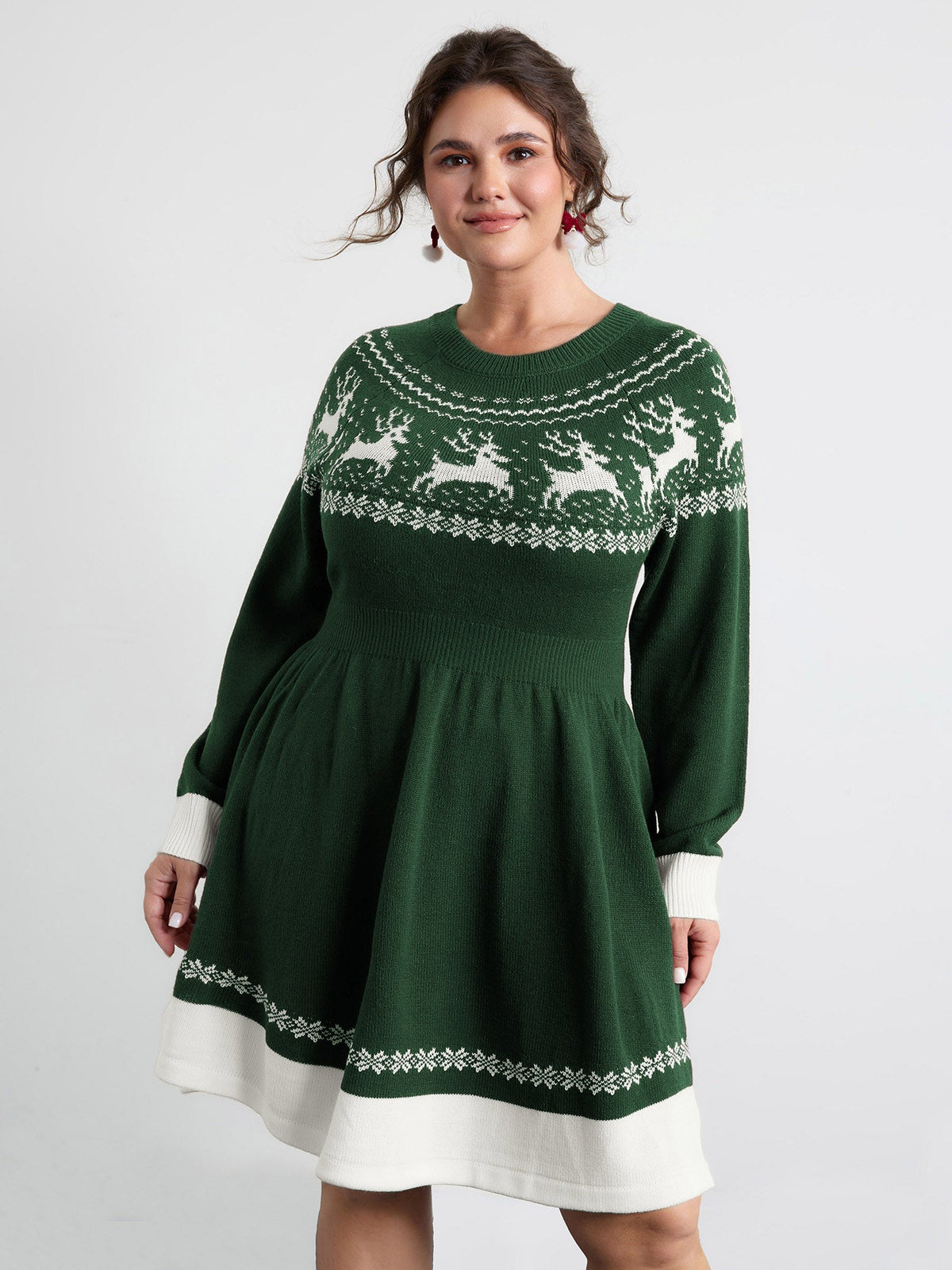 Reindeer Print Cinched-Waist Sweater Mini Dress