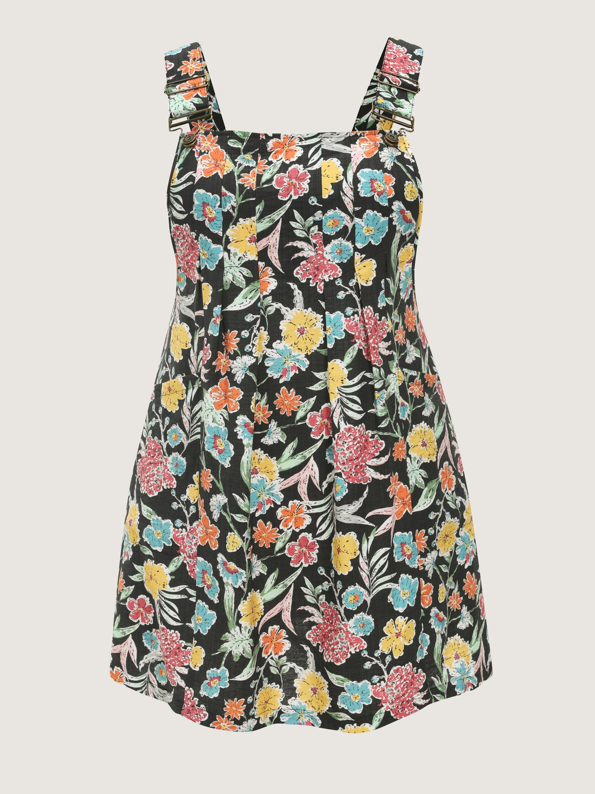 Floral Print Pockets Overall Mini Dress