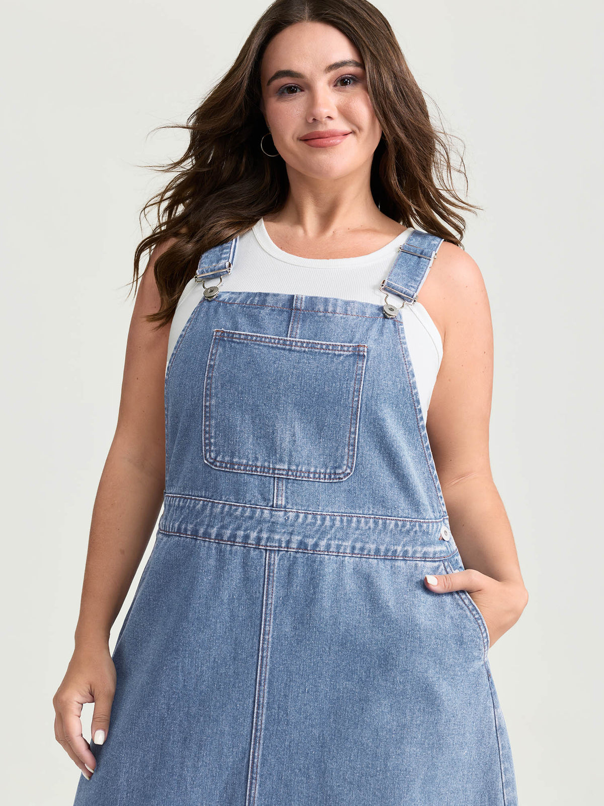 Cotton Adjustable Back Slit Overall Midi Denim Dress