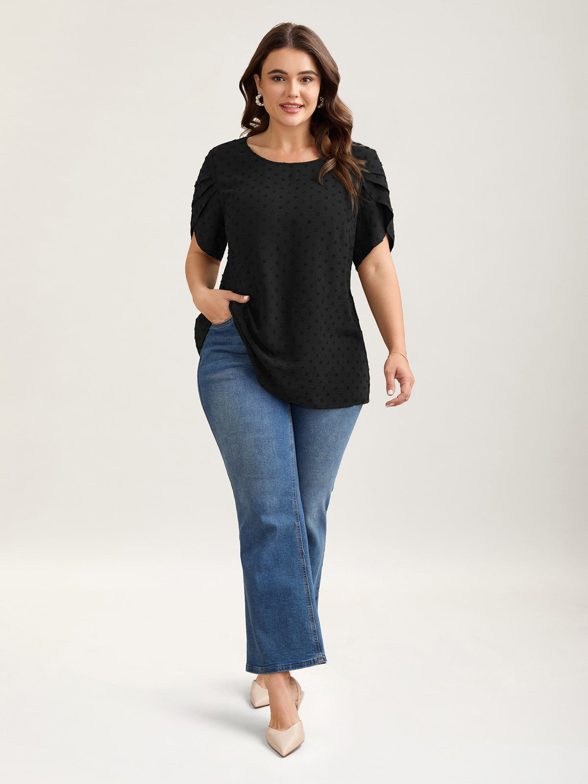 Textured Color Contrast Petal Sleeve Blouse