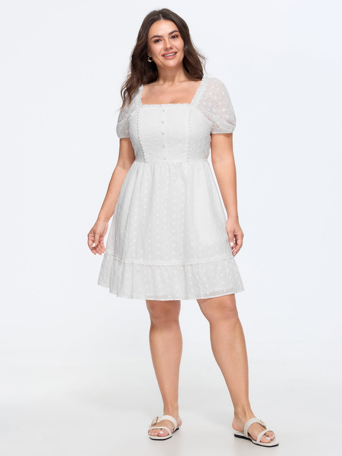 Cotton Lace Textured Ruffled Hem Mini Dress