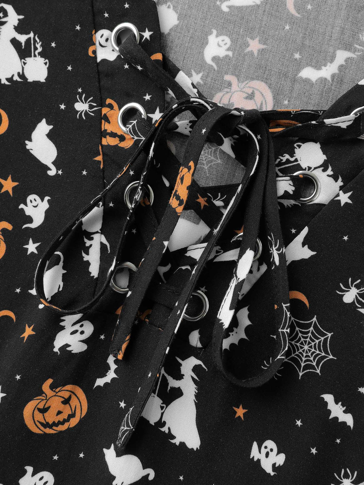 Rayon Halloween Print Neck Tie-Up Blouse