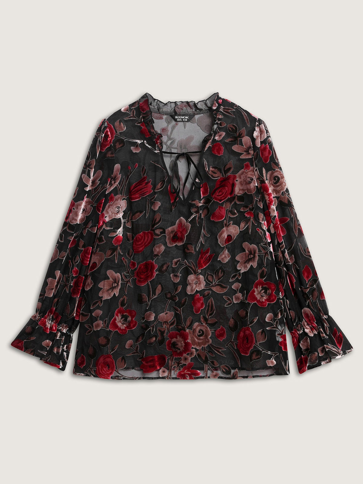 Flock Floral Ruffled Cuff Blouse