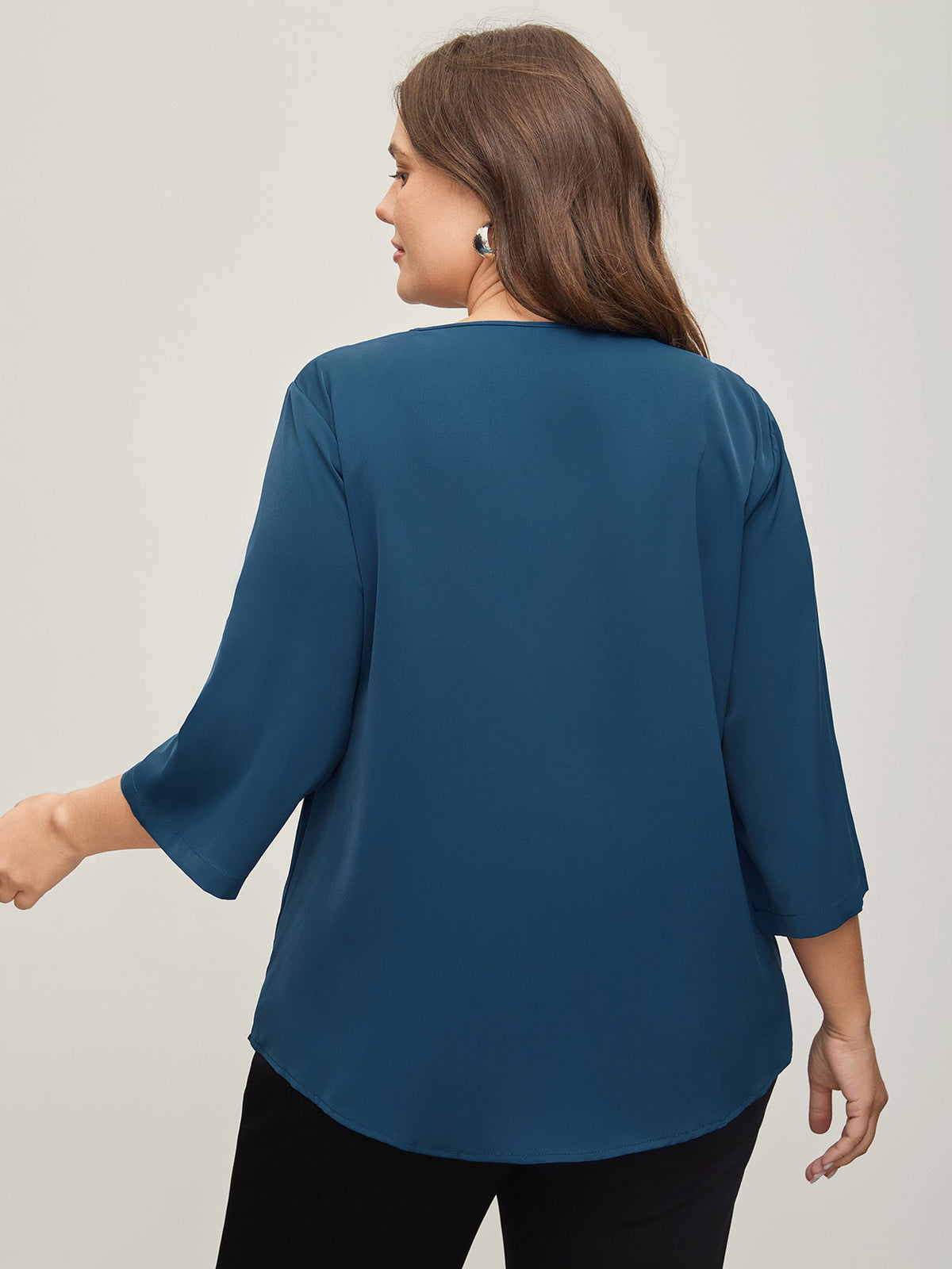 V Neck Plain Pleated Tab Sleeve Blouse