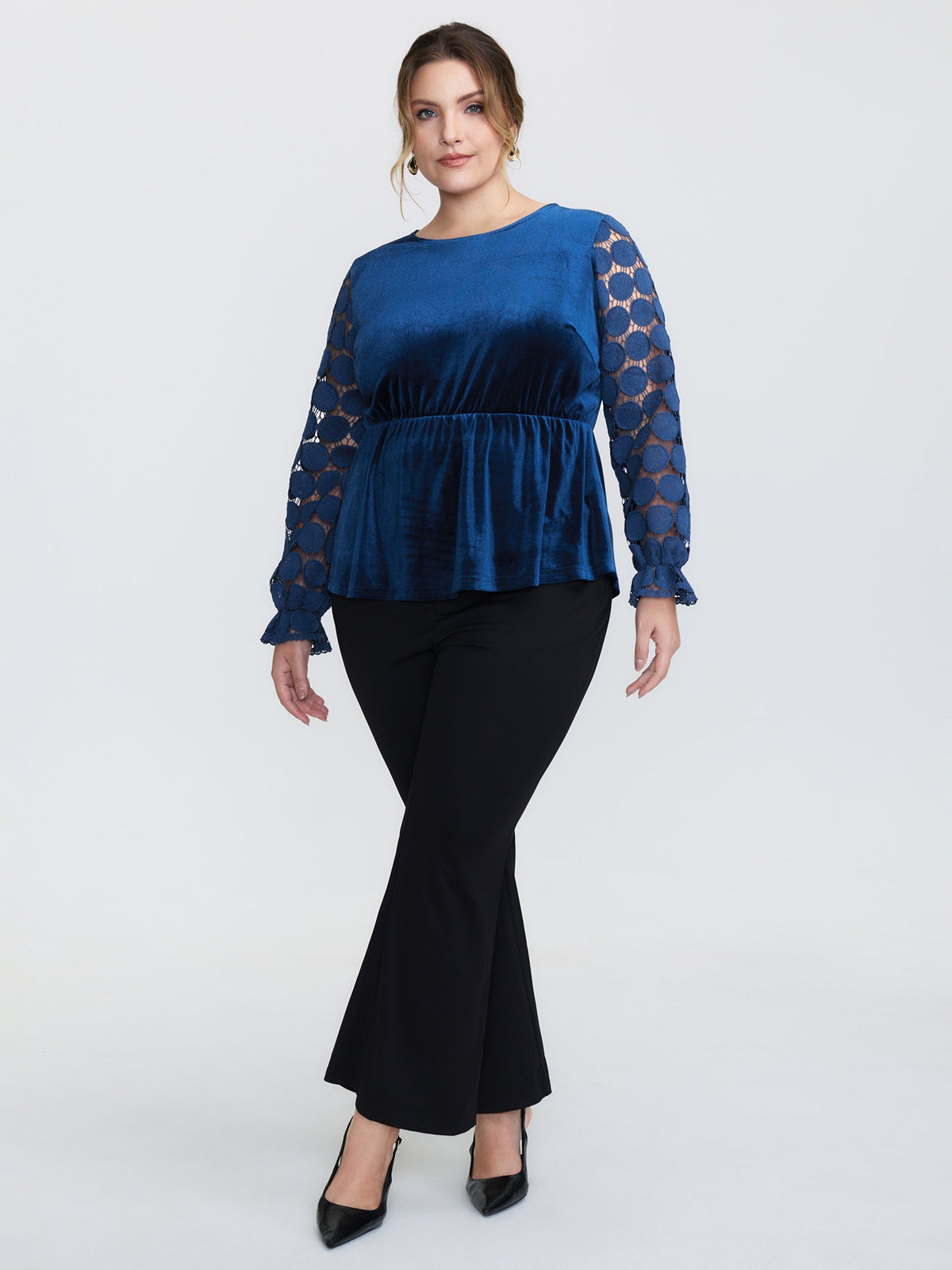 Velvet Sheer Lace Sleeve Flared Blouse