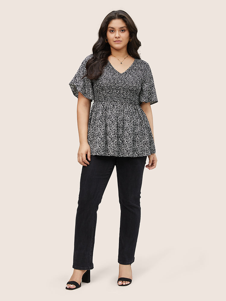 Ditsy Floral Shirred Ruffle Sleeve Elastic Waist Blouse