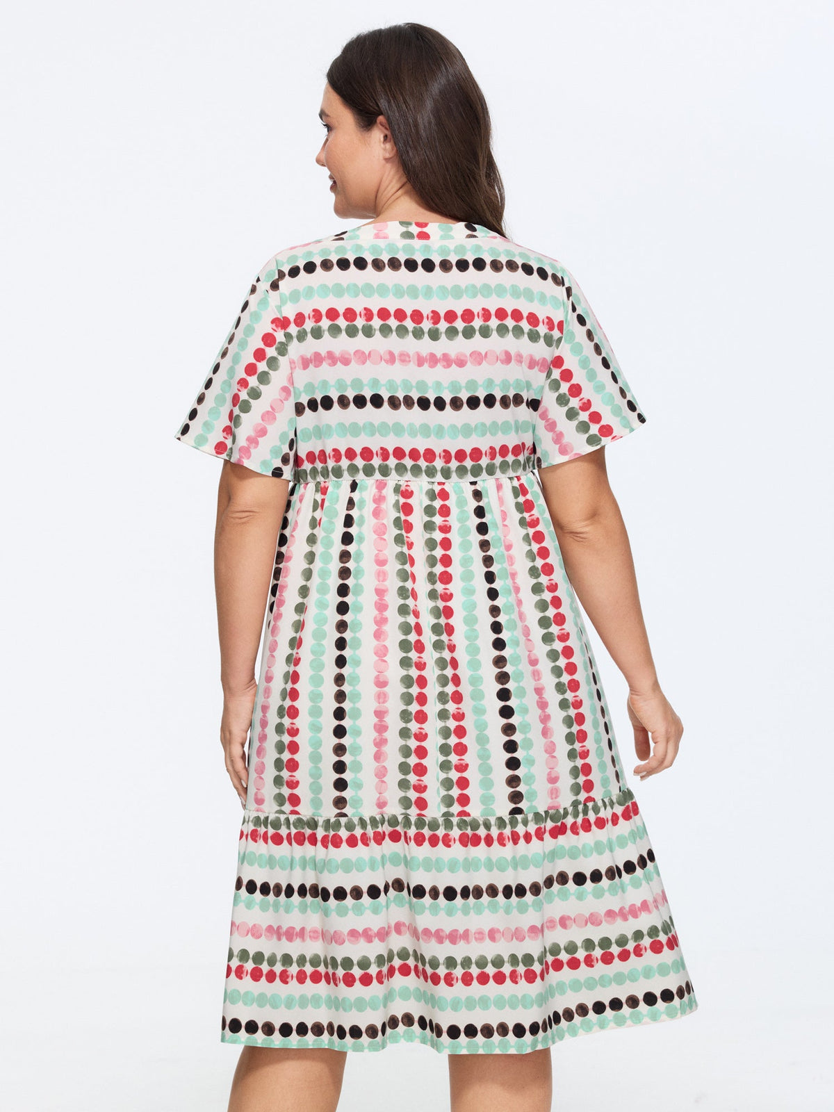 Dot Print Elastic Waist Split Neck Mini Dress
