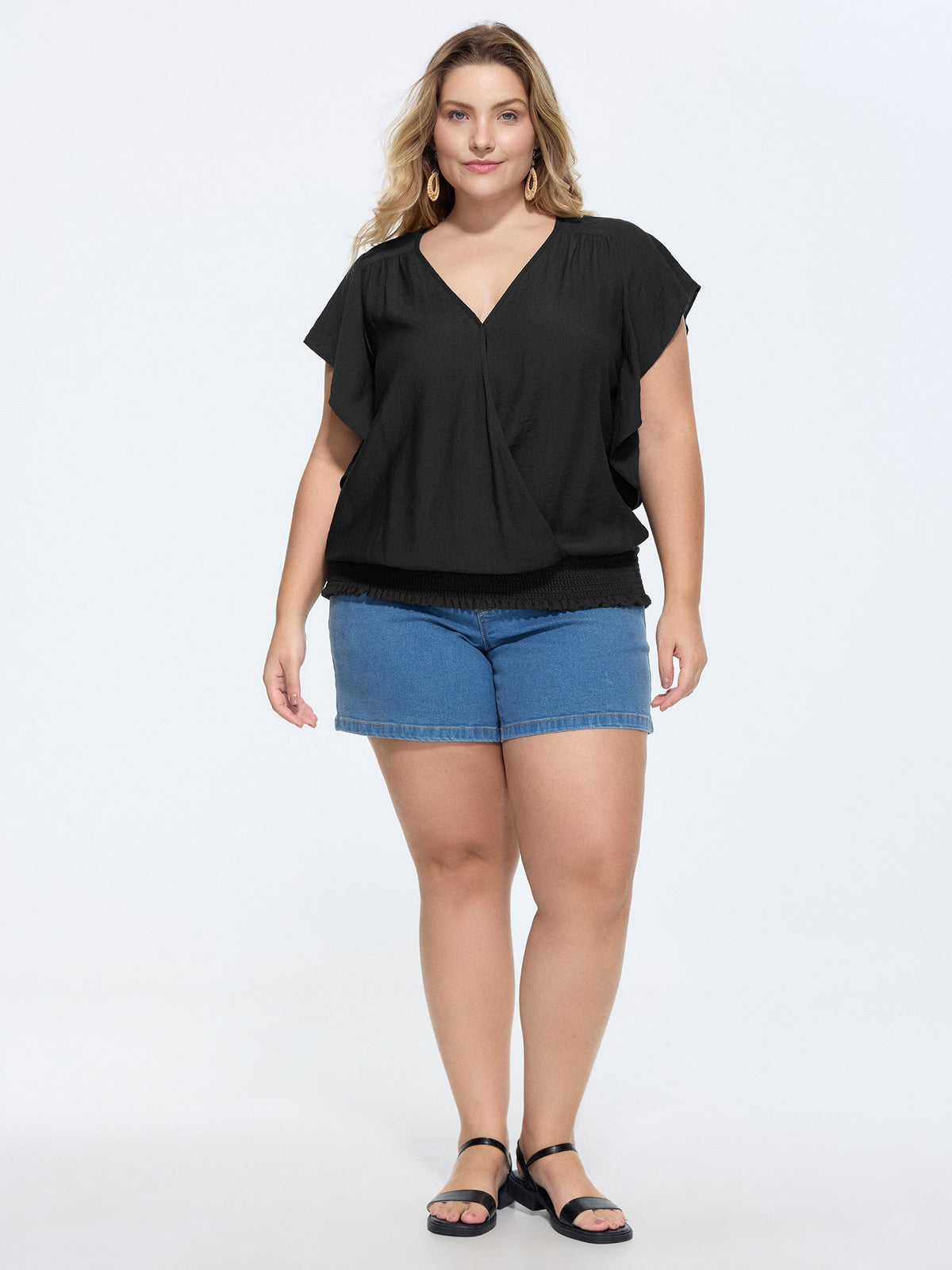 Flared Sleeve Shirred Hem Plain Blouse