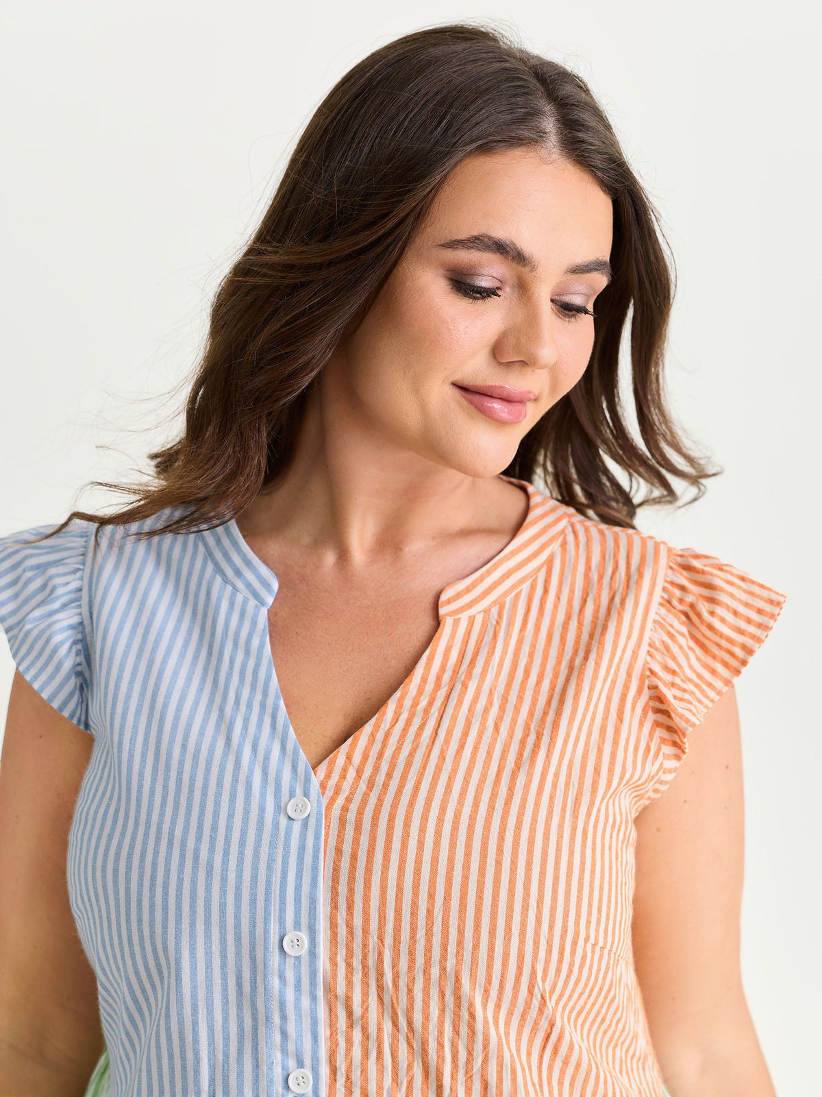 Colorblock Striped Print Flutter Sleeve Blouse