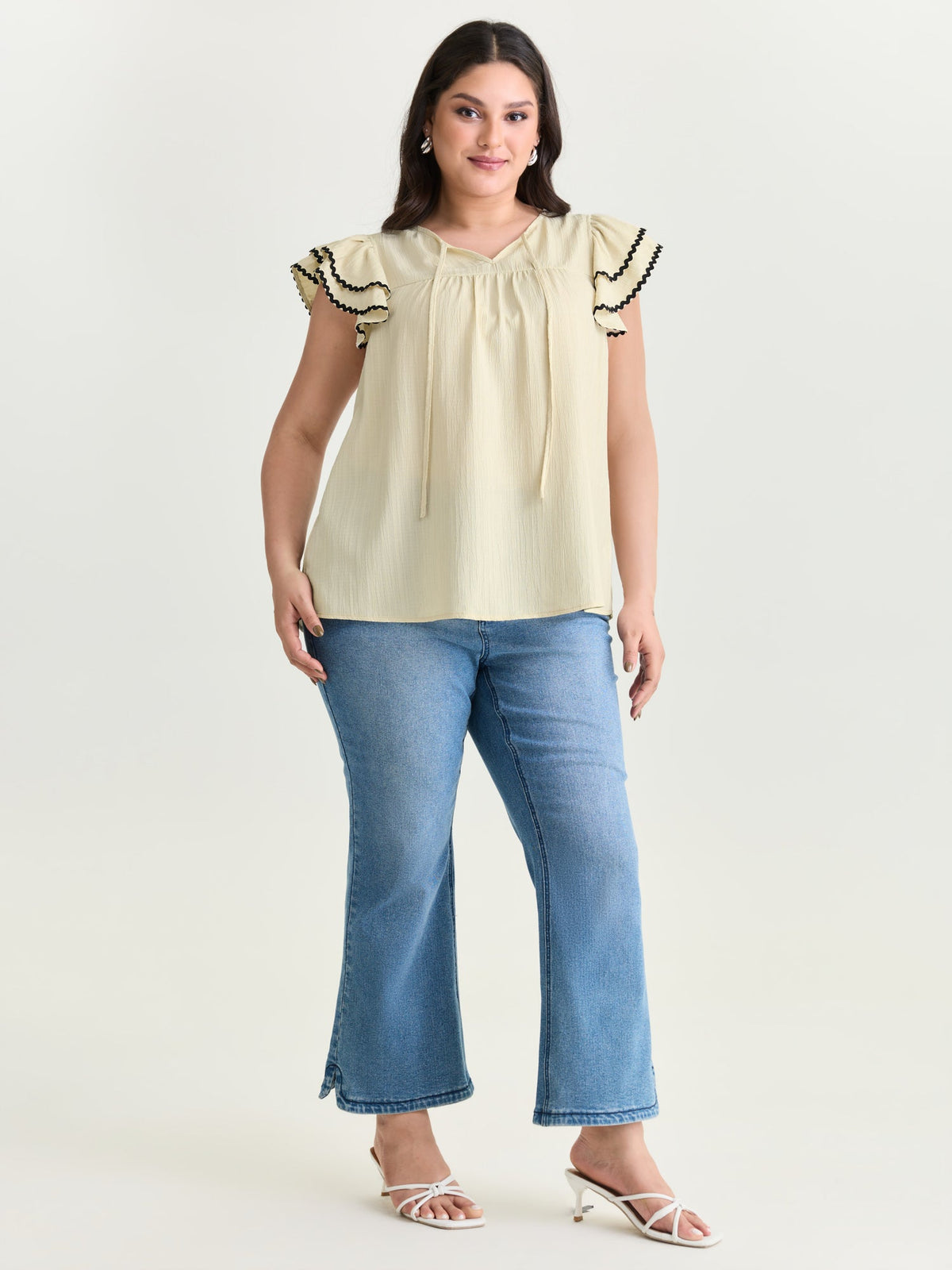 Textured Color Contrast Layered Sleeve Blouse