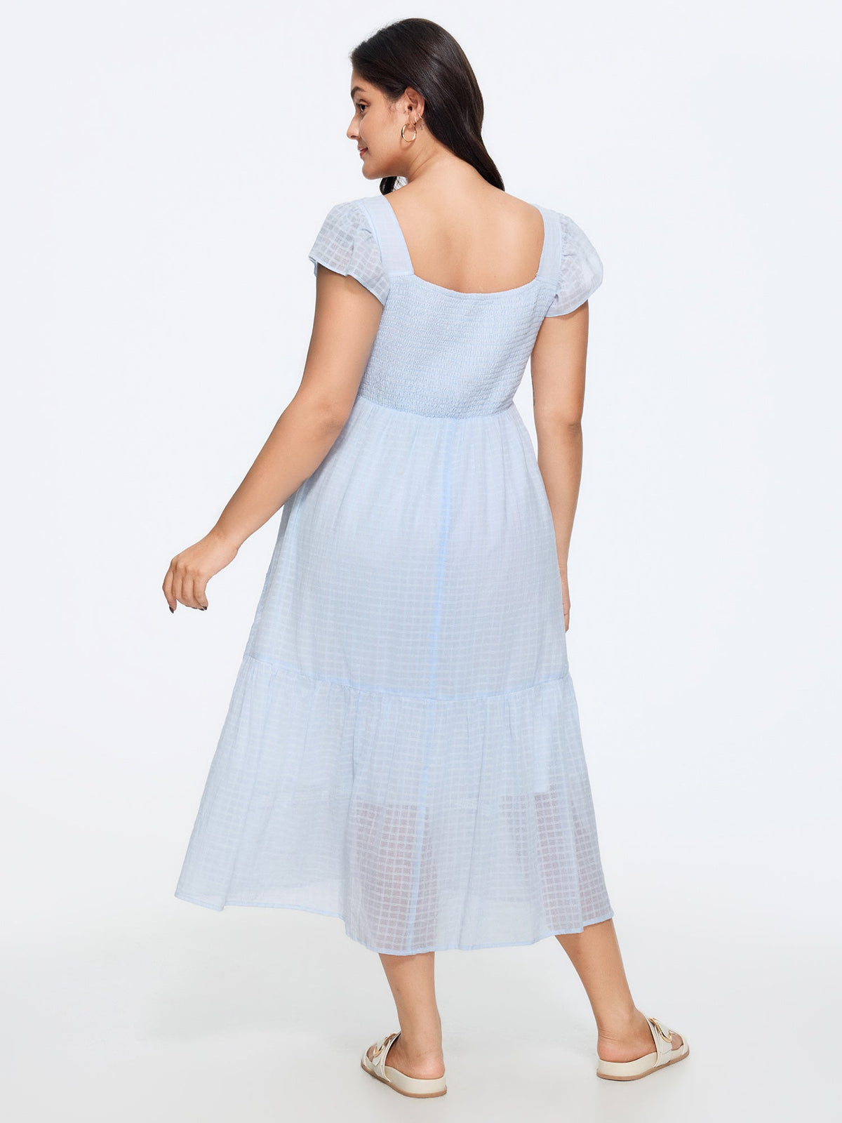 Cotton Lace Trim Ruffled Sleeve Midi Dress