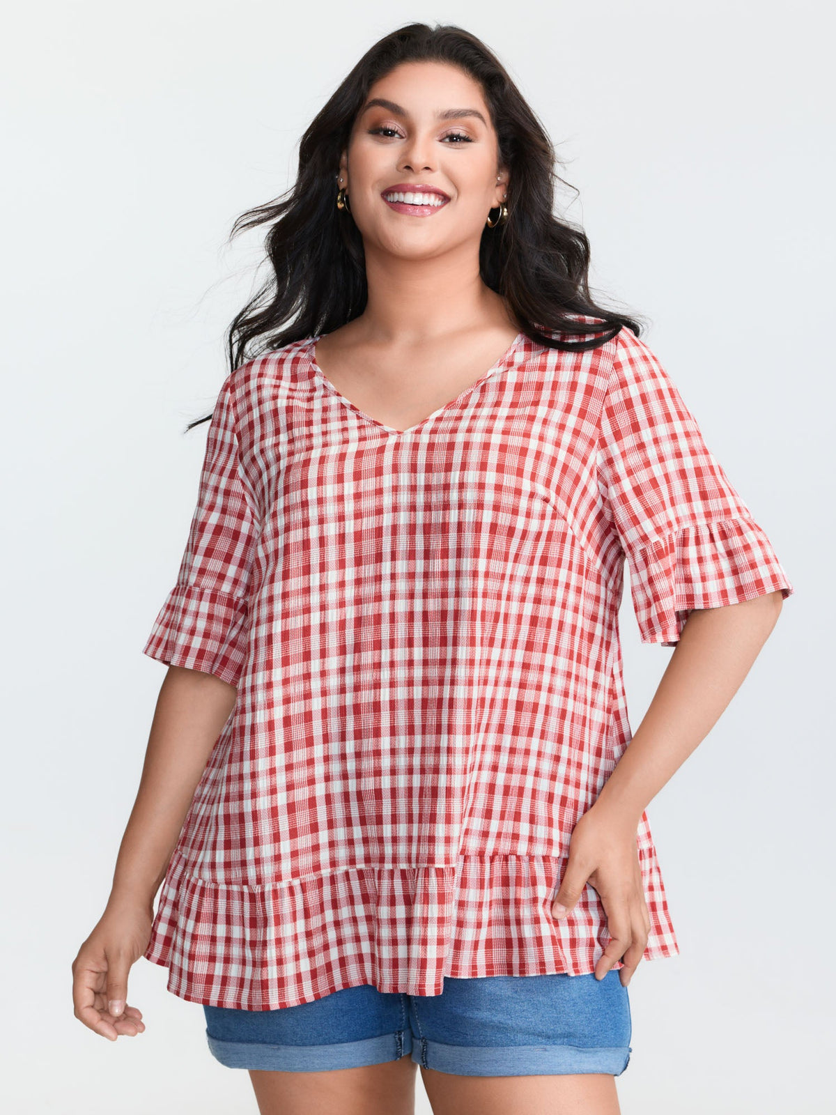 Sweet Gingham Print Ruffled Blouse