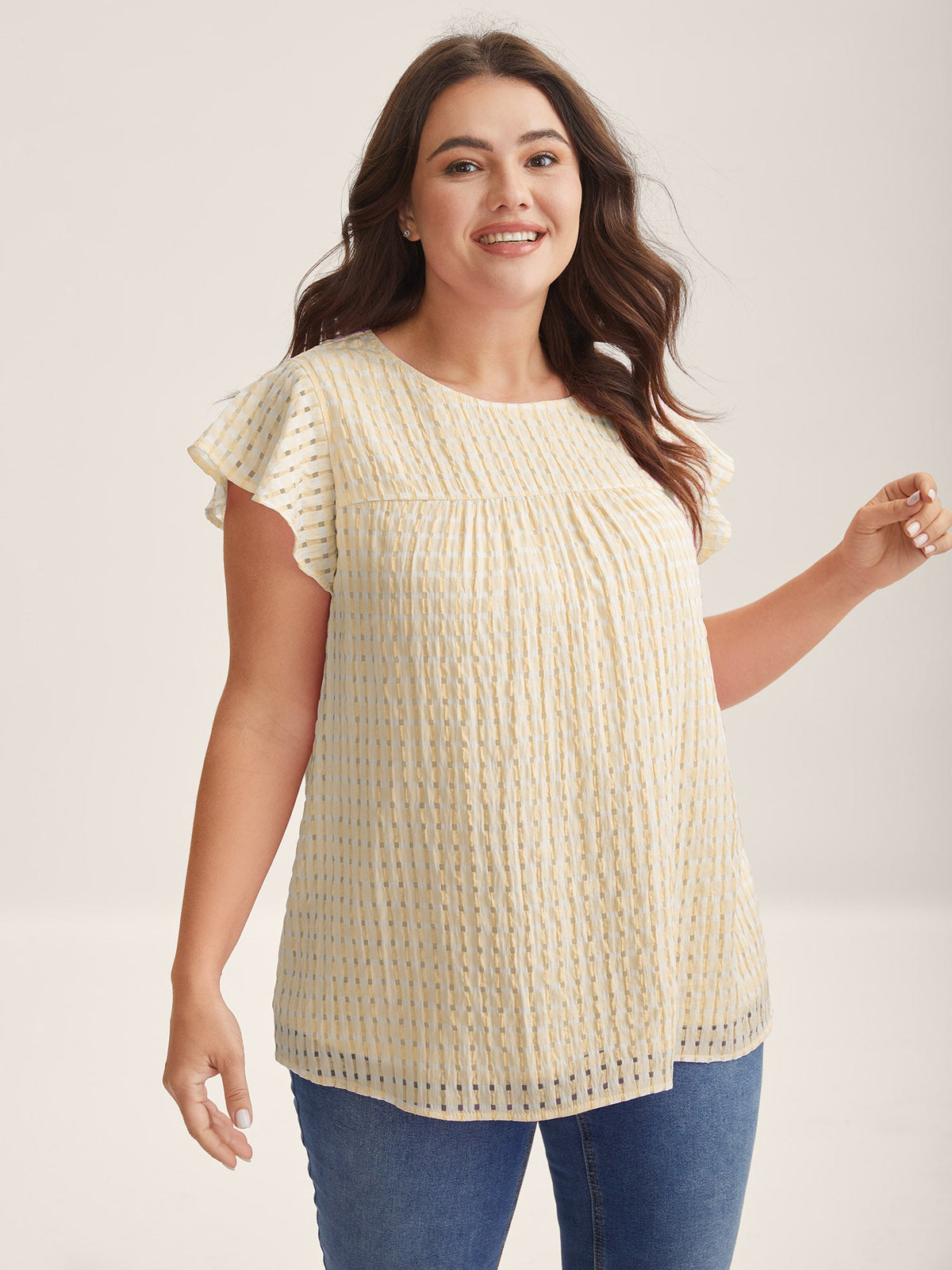 Textured Sheer Lined Flutter Sleeve Blouse