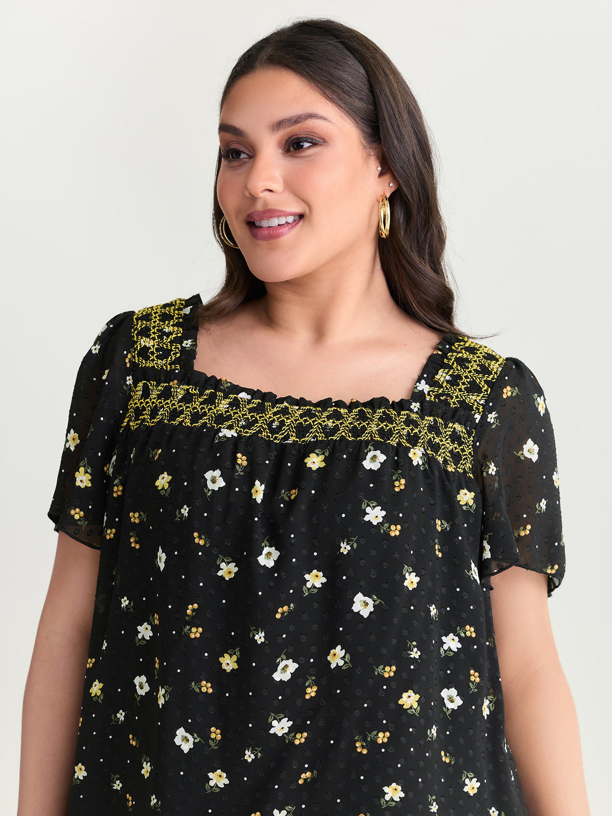 Laser Cut Floral Print Square Neckline Blouse