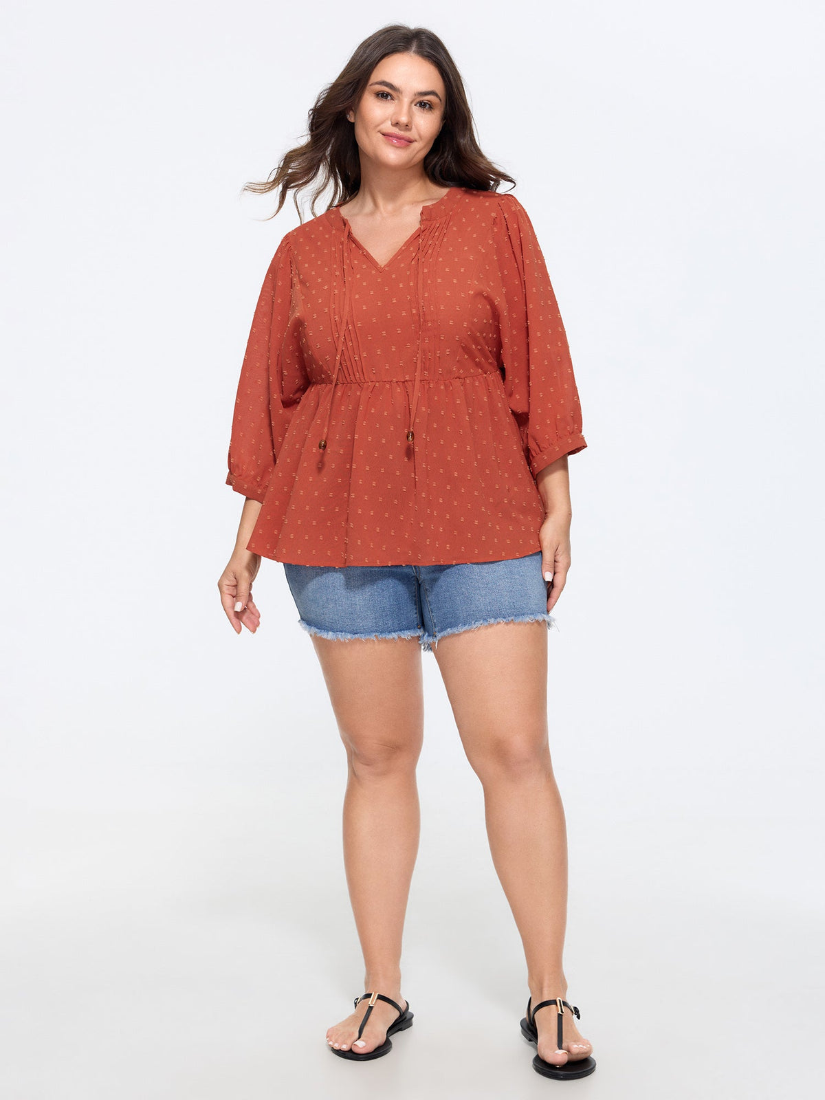 Textured V‑Neck Tie Front Pleated Blouse