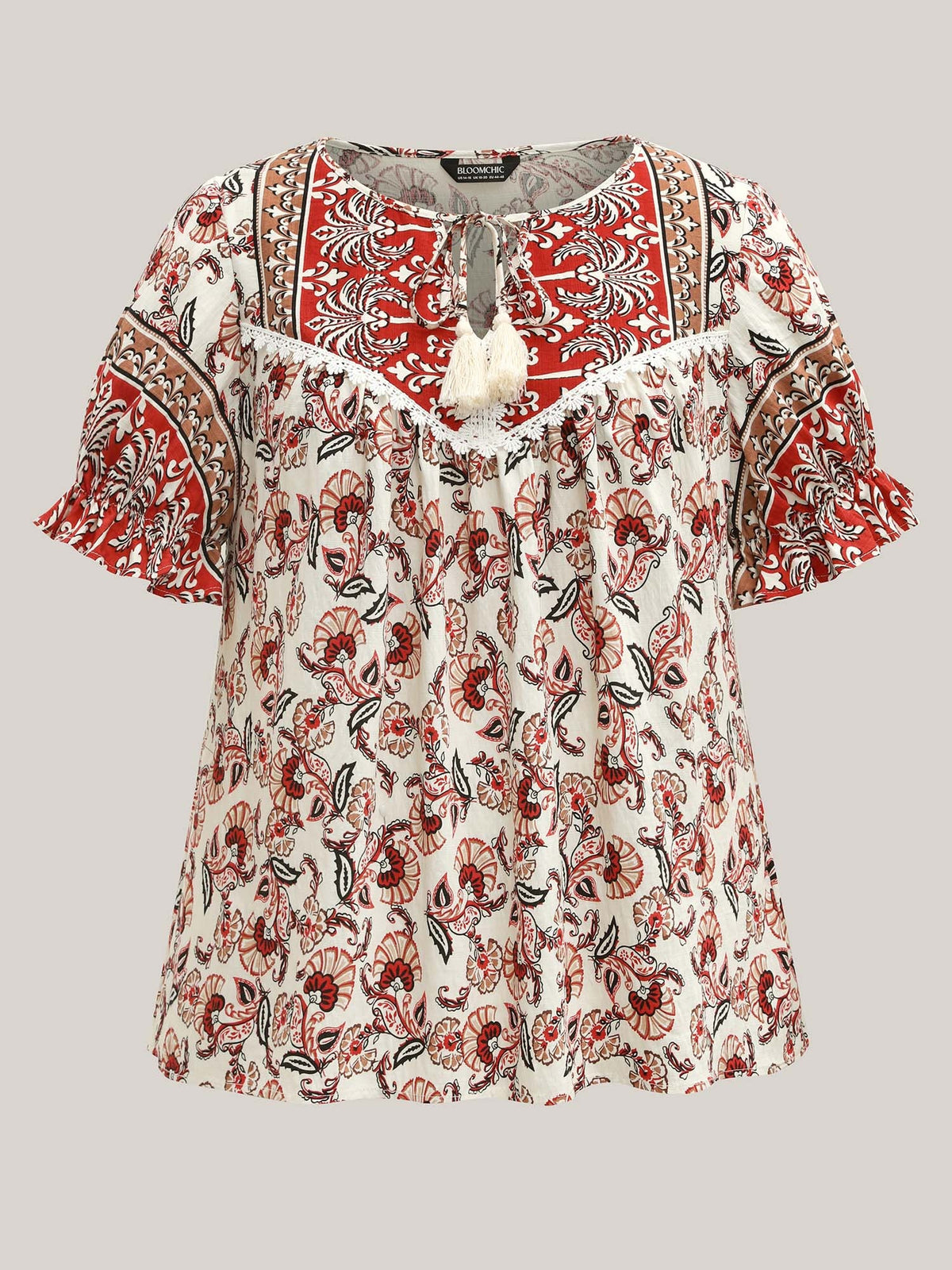 Boho Floral Print Neck Tassels Blouse