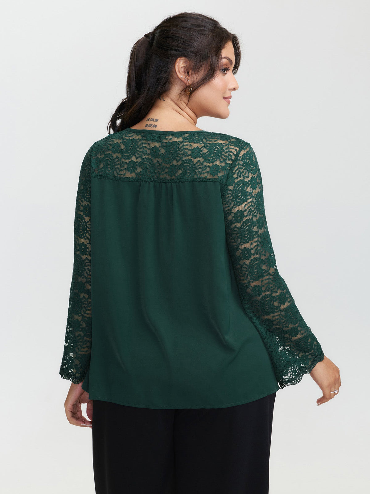 Lace Sheer Sleeve Curvy Hem Blouse