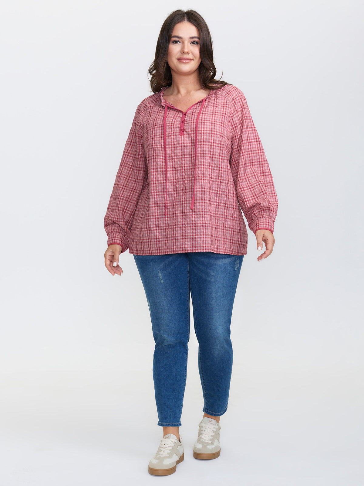 Gingham Print Ruffled Neck-Tie Blouse