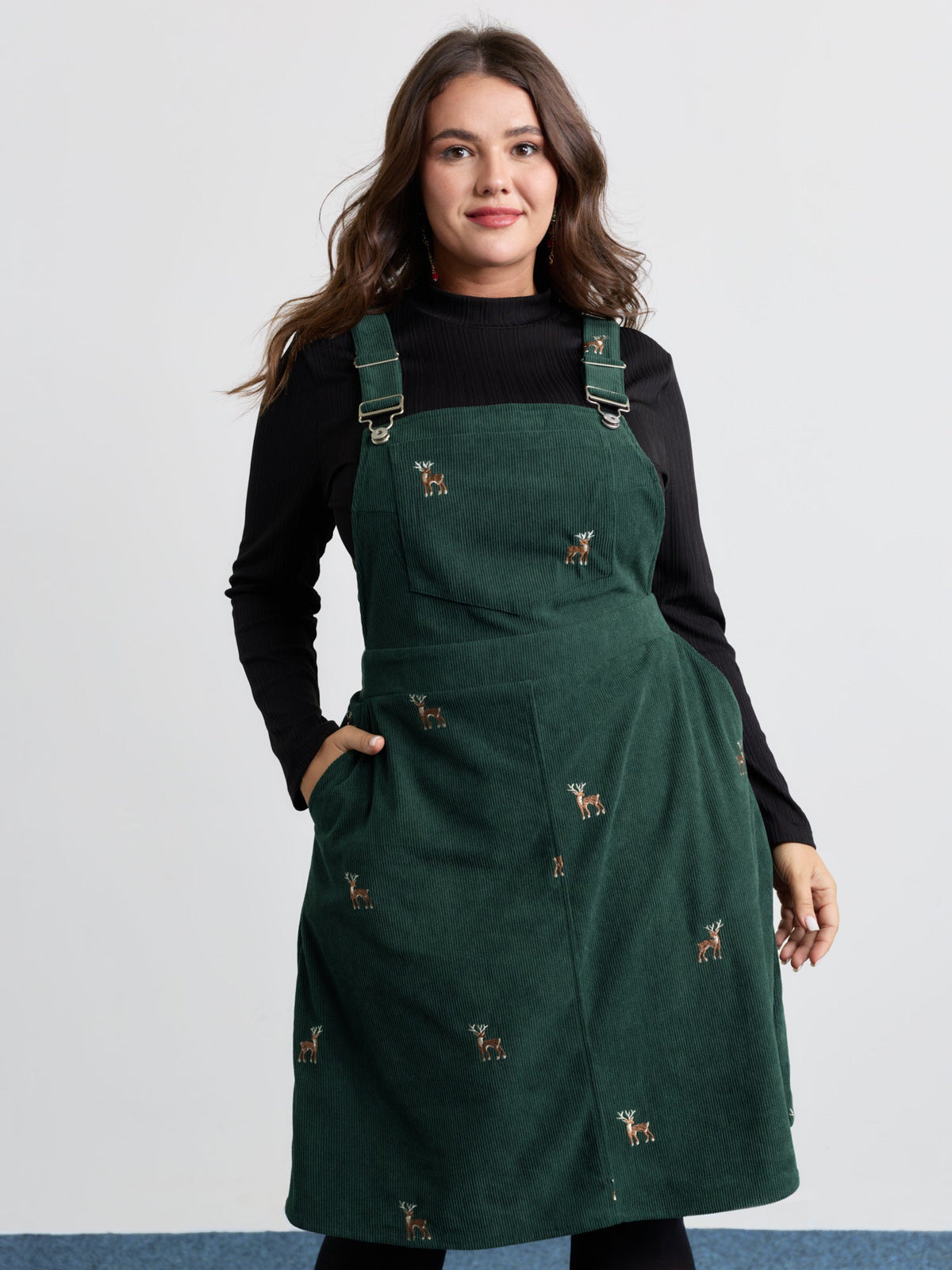 Corduroy Embroidered Adjustable Straps Knee Dress