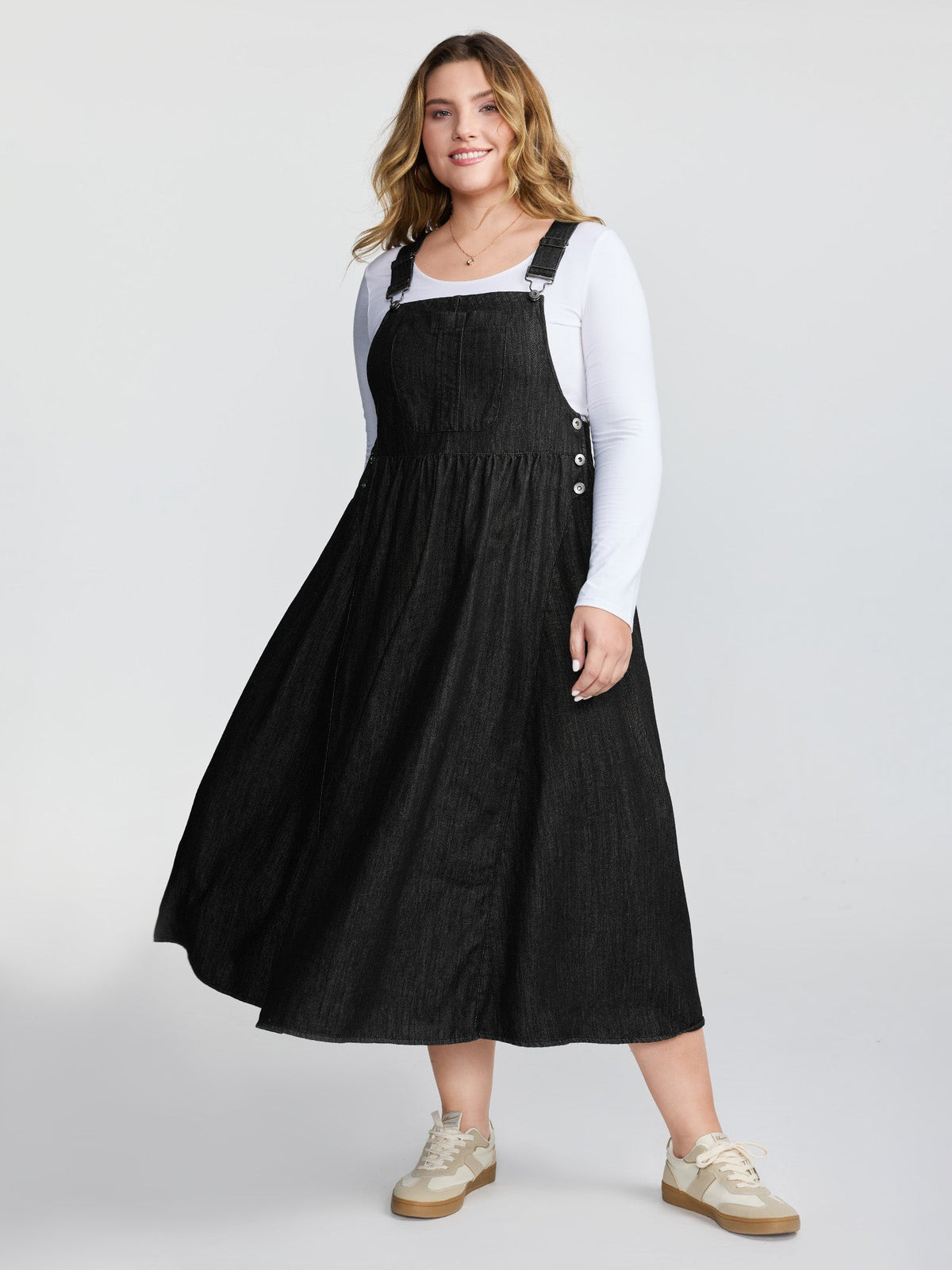 Denim Adjustable Overall Straps Pockets Midi Dress