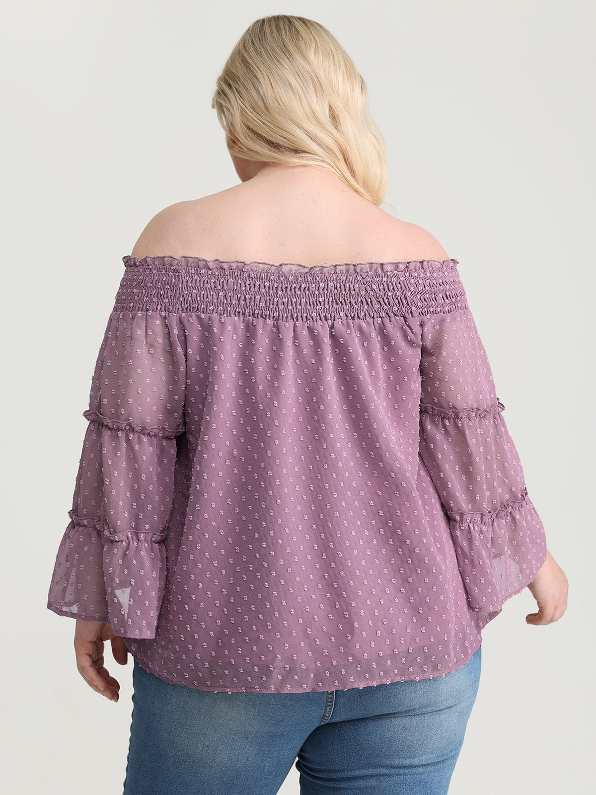 Off-Shoulder Shirred Flared Sleeve Blouse