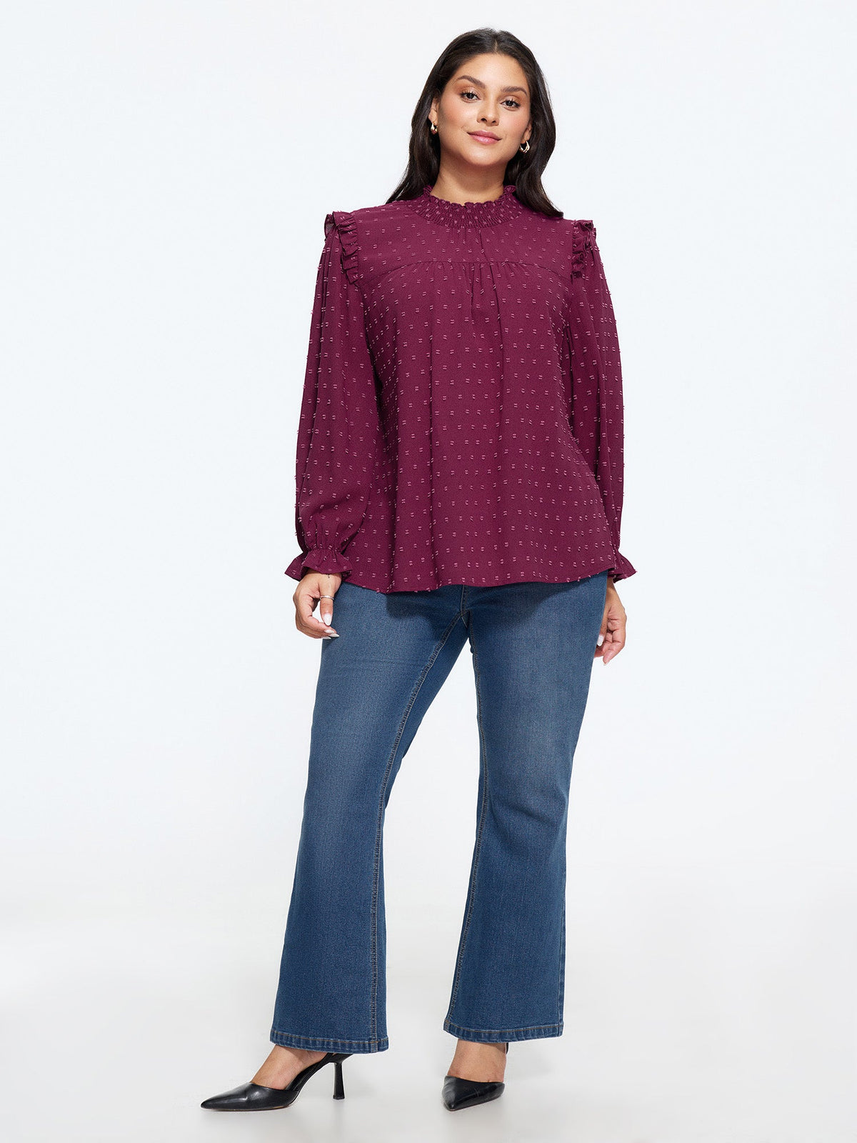 Textured Ruffle Shirred Mock Neck Blouse