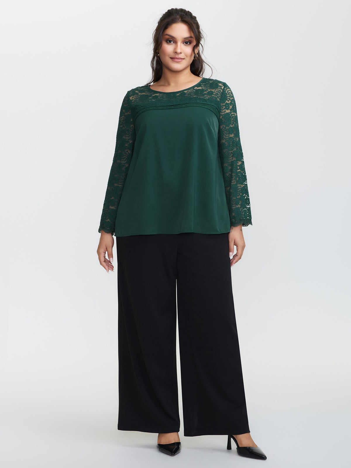 Lace Sheer Sleeve Curvy Hem Blouse