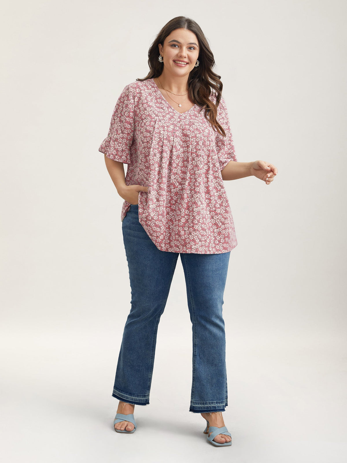 Ditsy Floral Pleated Flared Sleeve Blouse