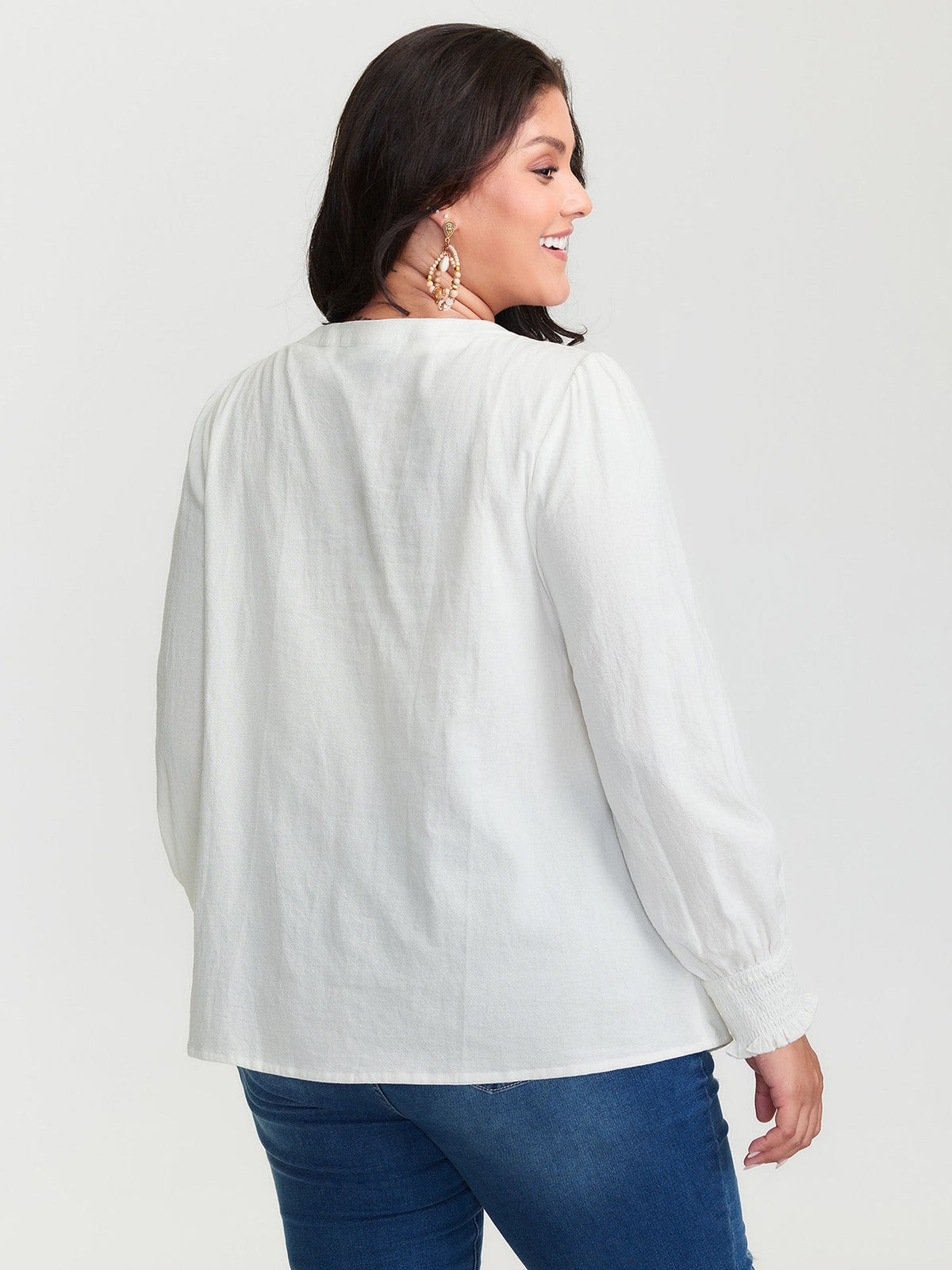 Cotton Floral Embroidery Shirred Blouse
