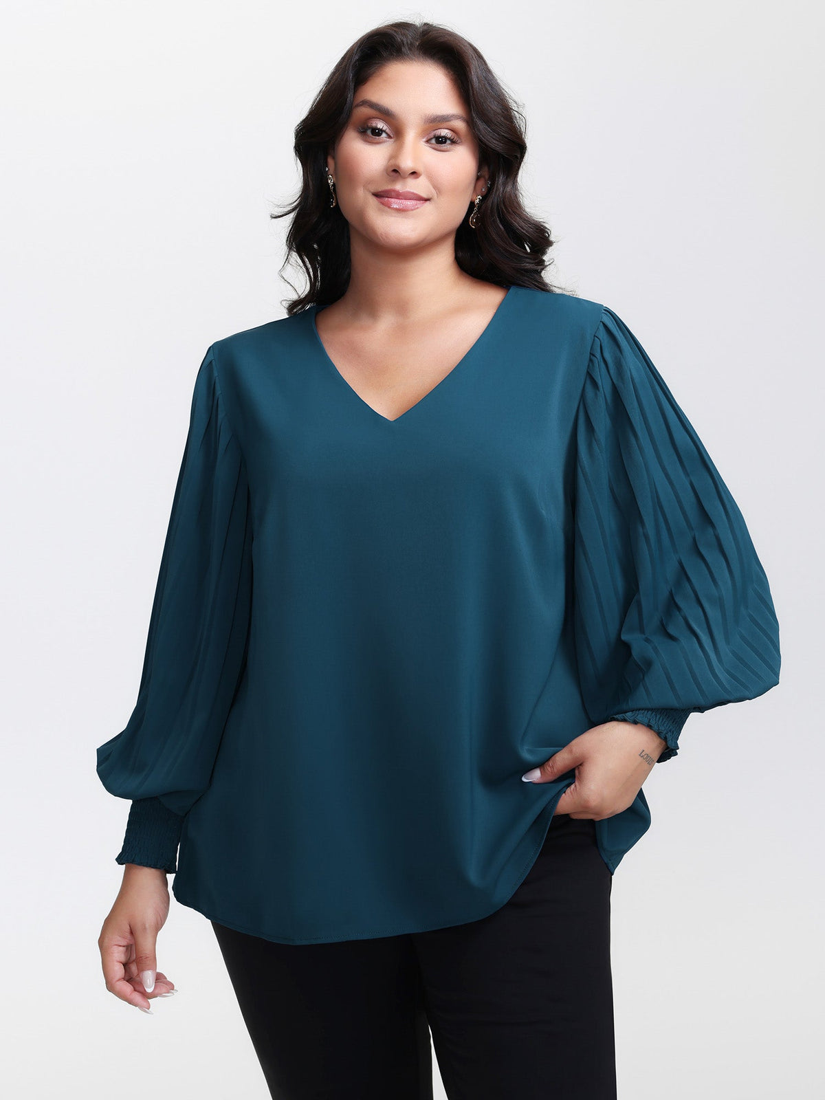 Shirred Cuffs Pleated Sleeve Blouse