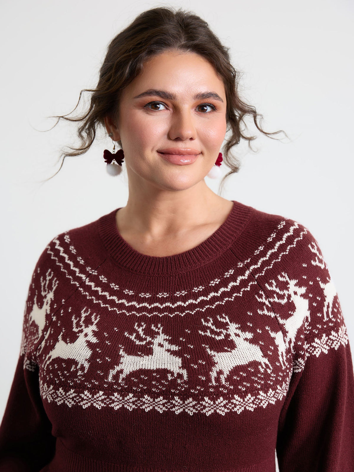 Reindeer Print Cinched-Waist Sweater Mini Dress