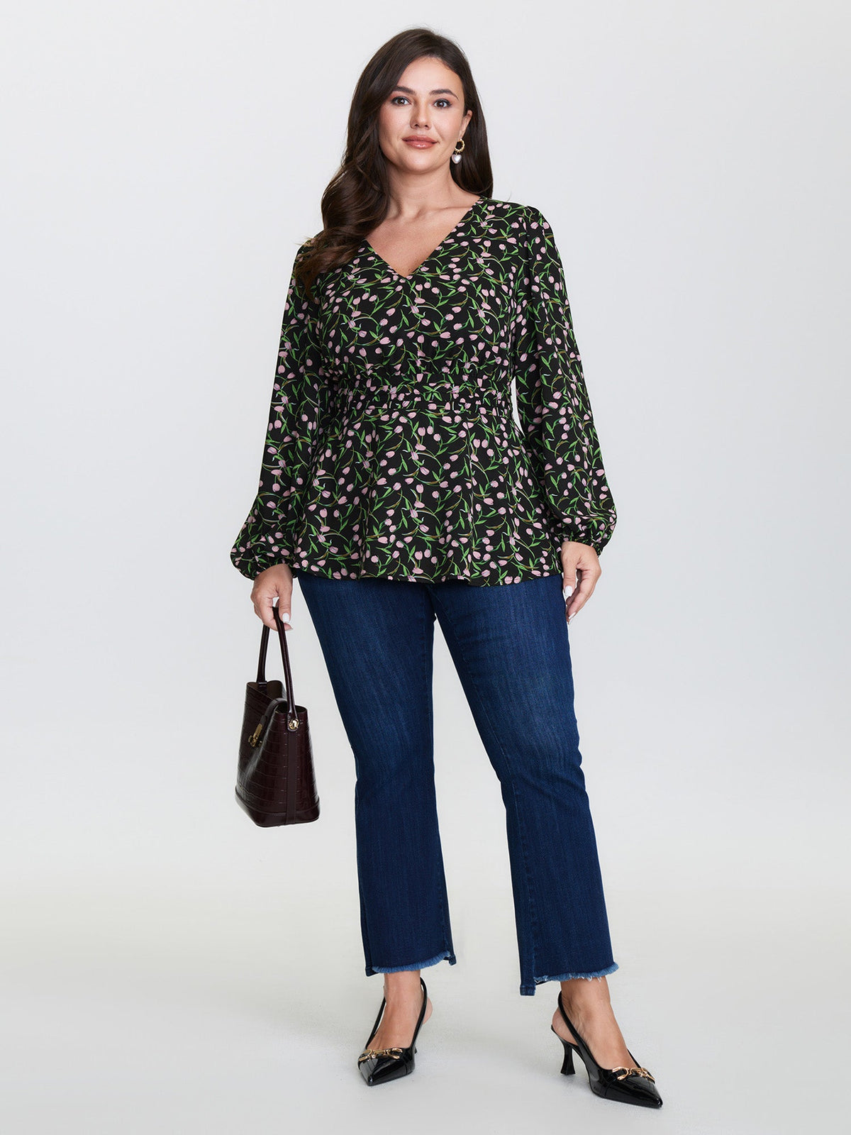 Tulip Print Cinched Flared Blouse