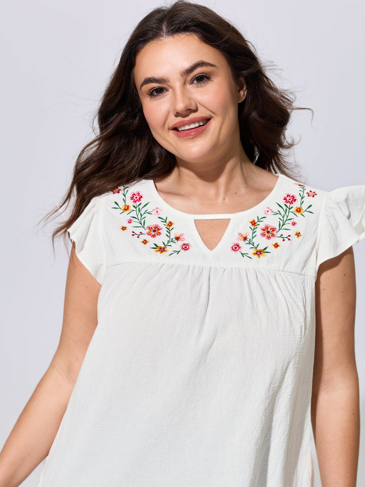 Cotton Floral Embroidered Flutter Sleeve Plain Blouse