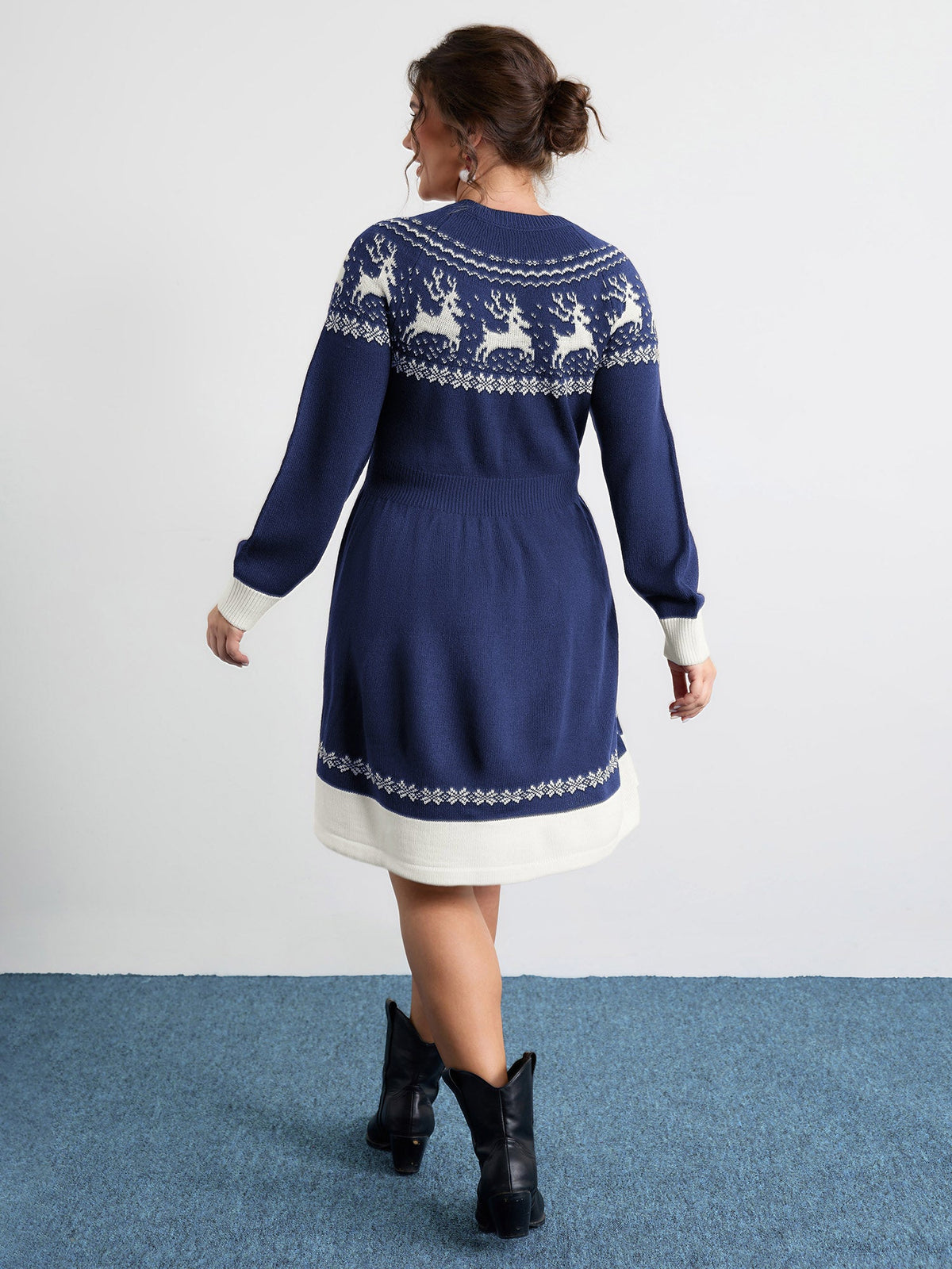 Reindeer Print Cinched-Waist Sweater Mini Dress