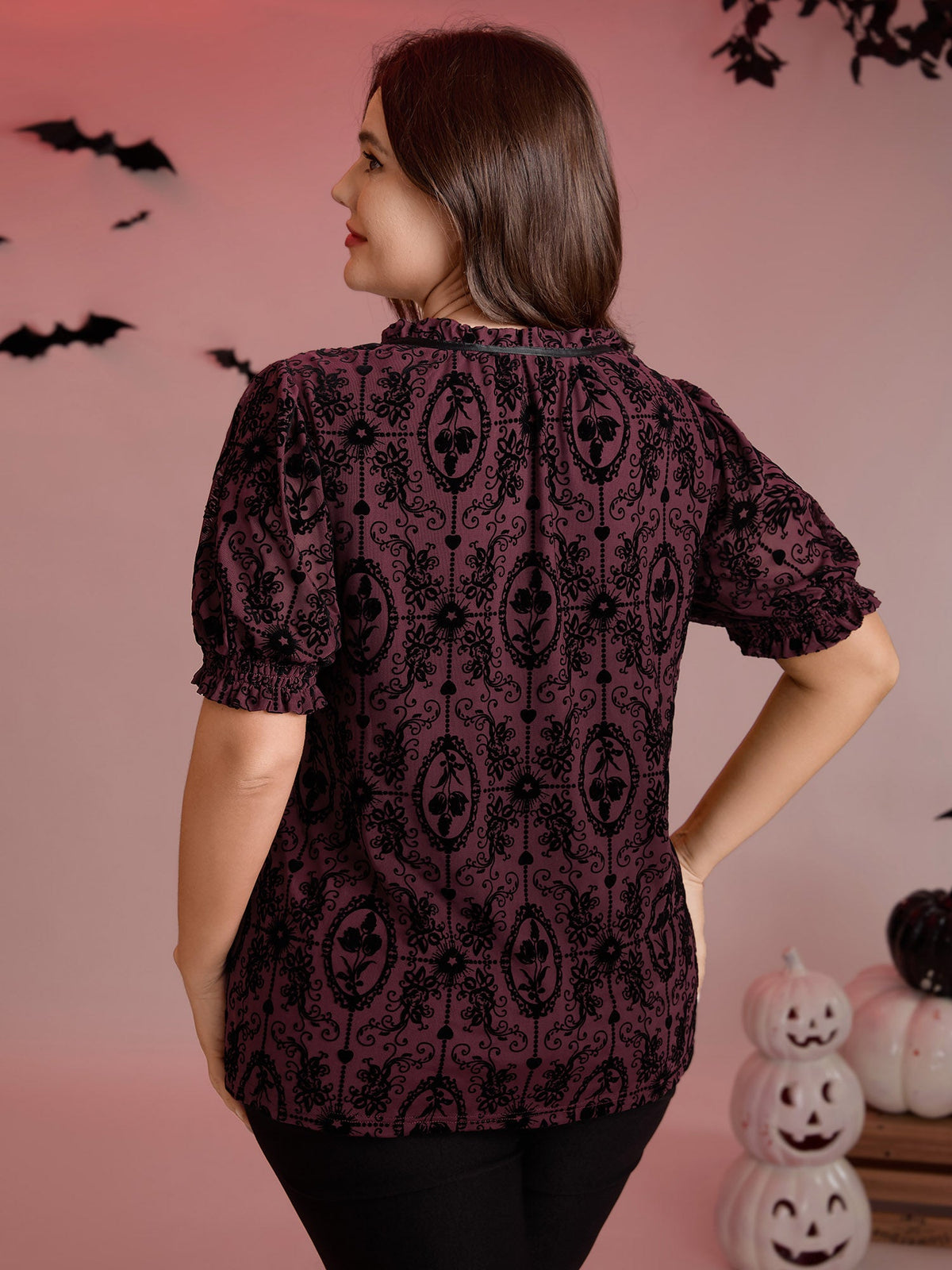 Flocked Texture Shirred Contrast Blouse
