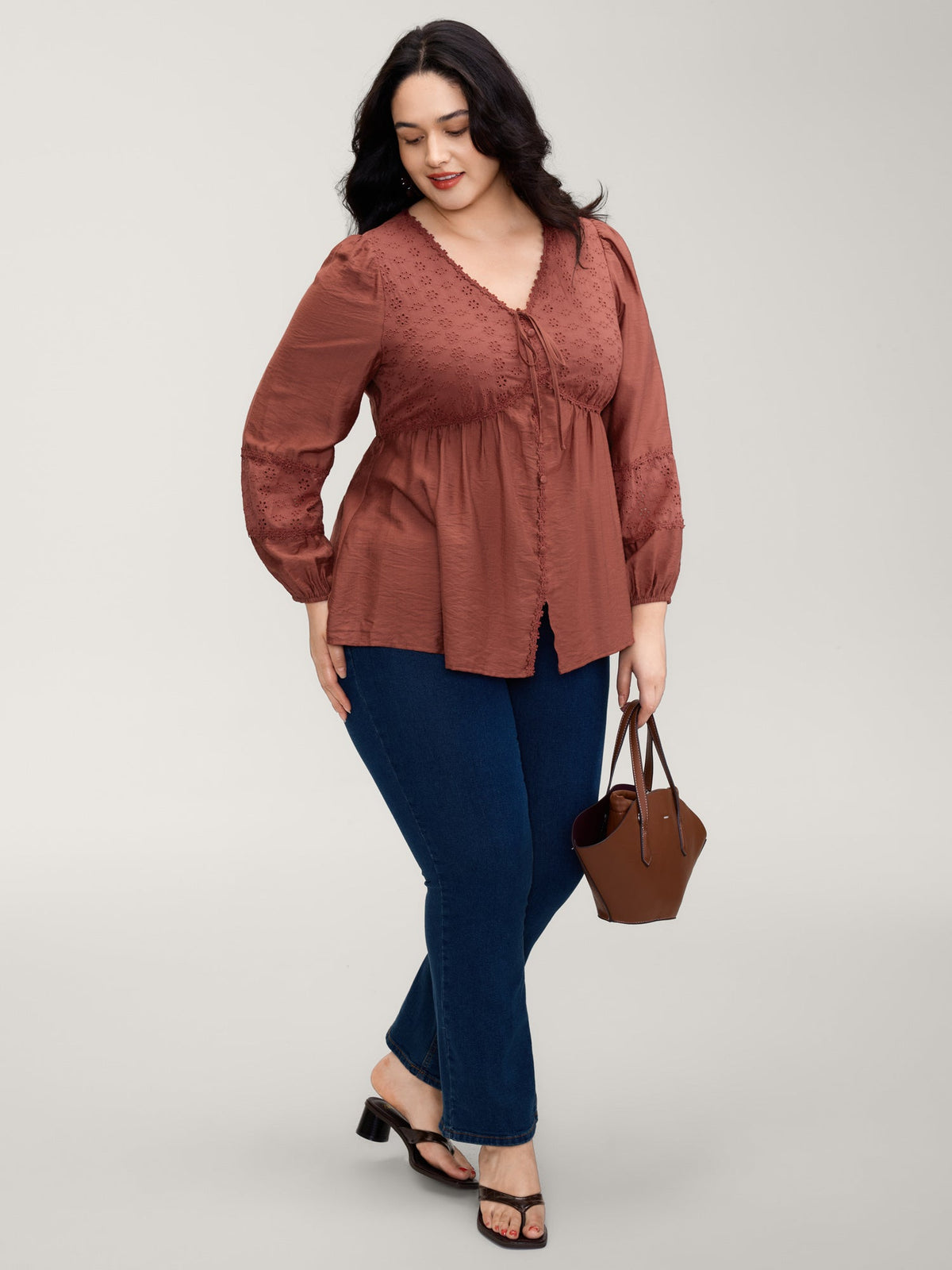 Lace Trim High-Waist Neck Tie Blouse