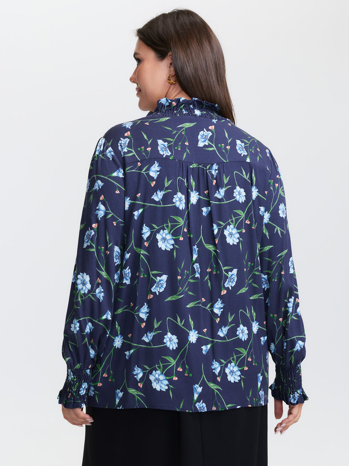 Rayon Floral Print Shirred Collar Blouse