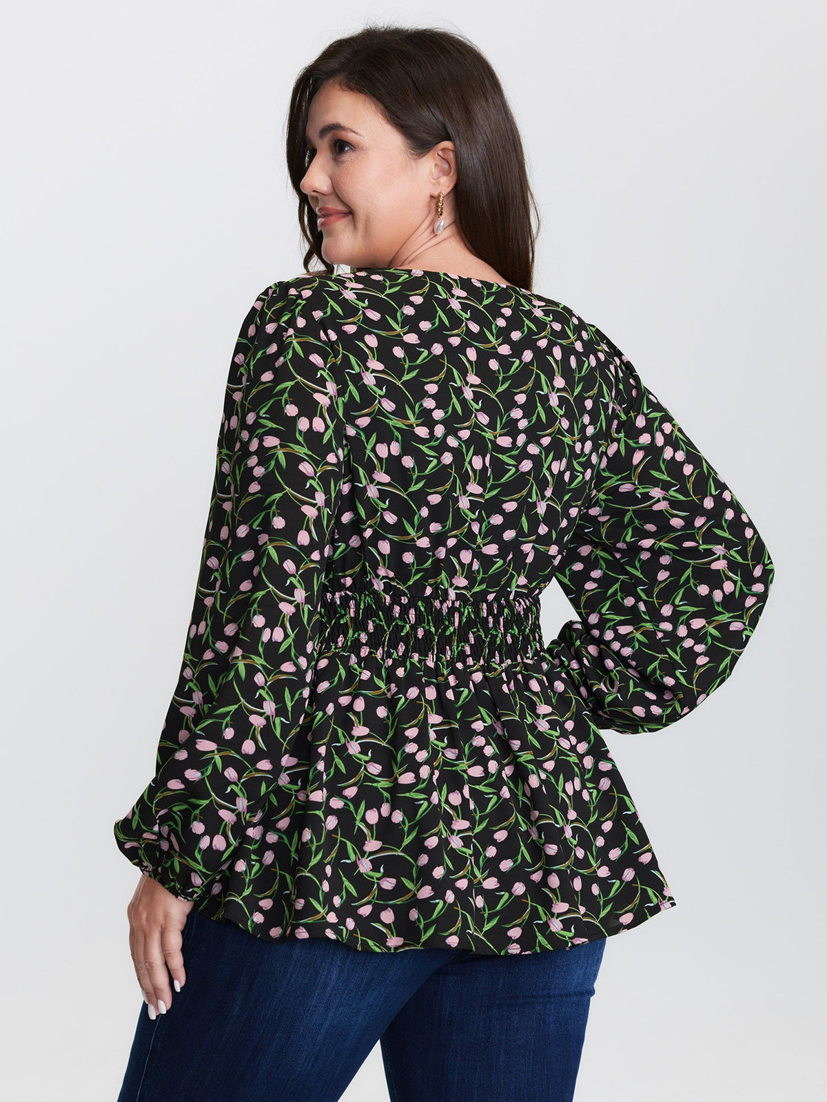 Tulip Print Cinched Flared Blouse