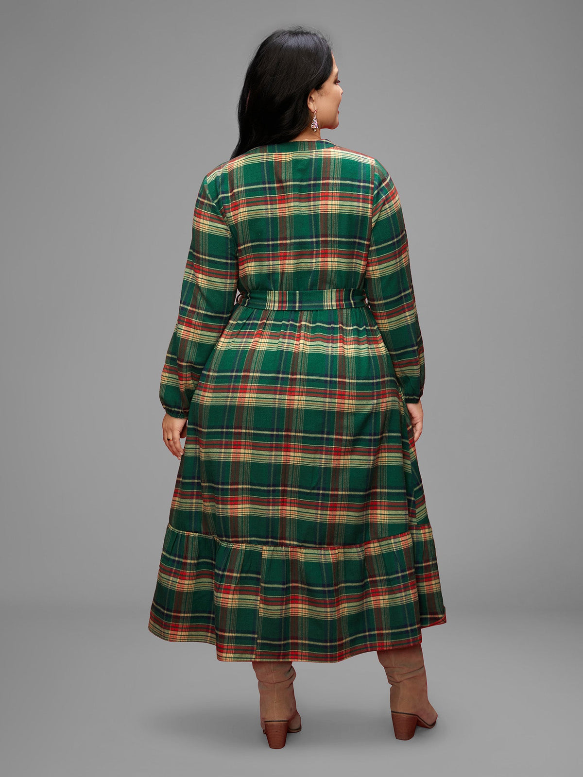 Festive Notched Collar Plaid Dress
