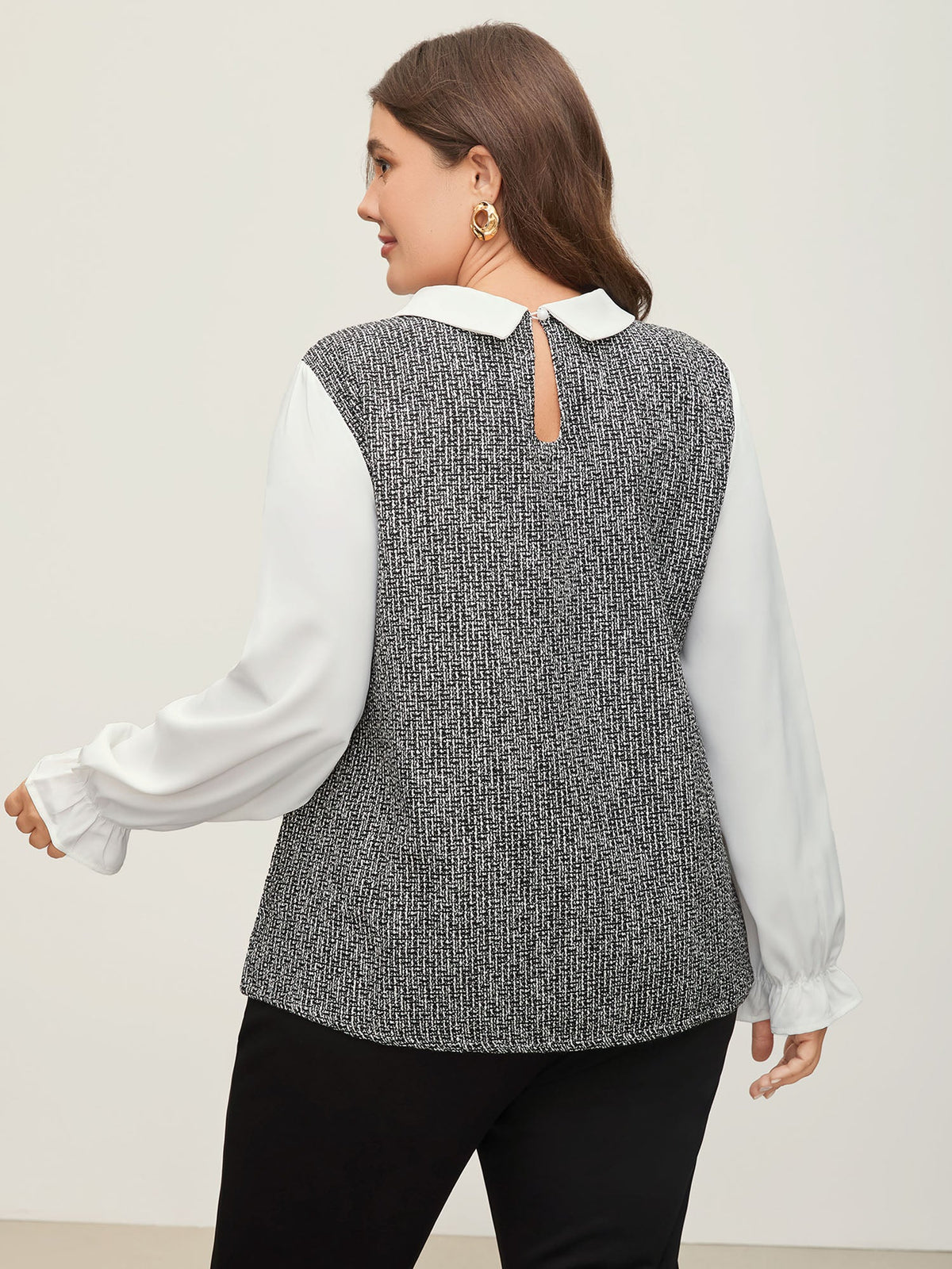 Tweed Patchwork Lantern Sleeve Blouse