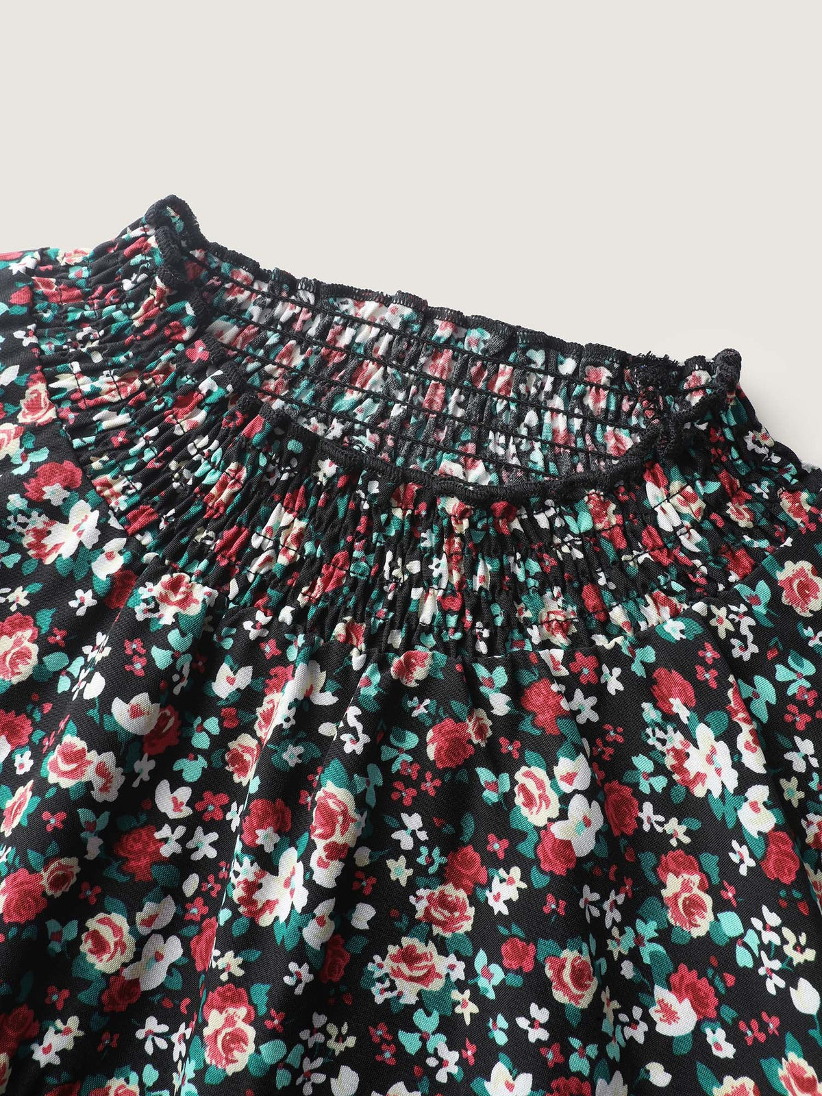 Floral Print Shirred Sleeve Tie Blouse