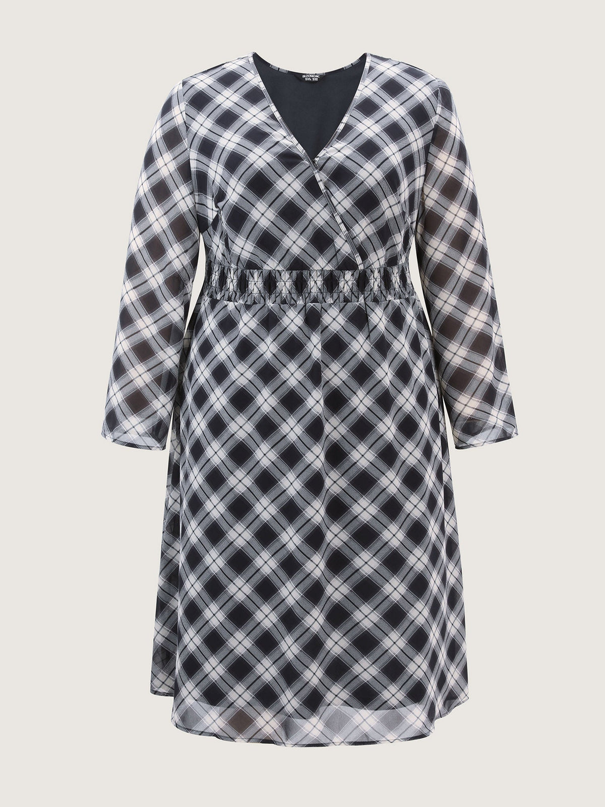 Checkered Pattern Shirred Waist Midi Dress