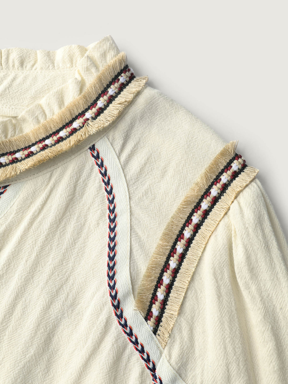 Cotton Contrast Webbing Notched Collar Blouse