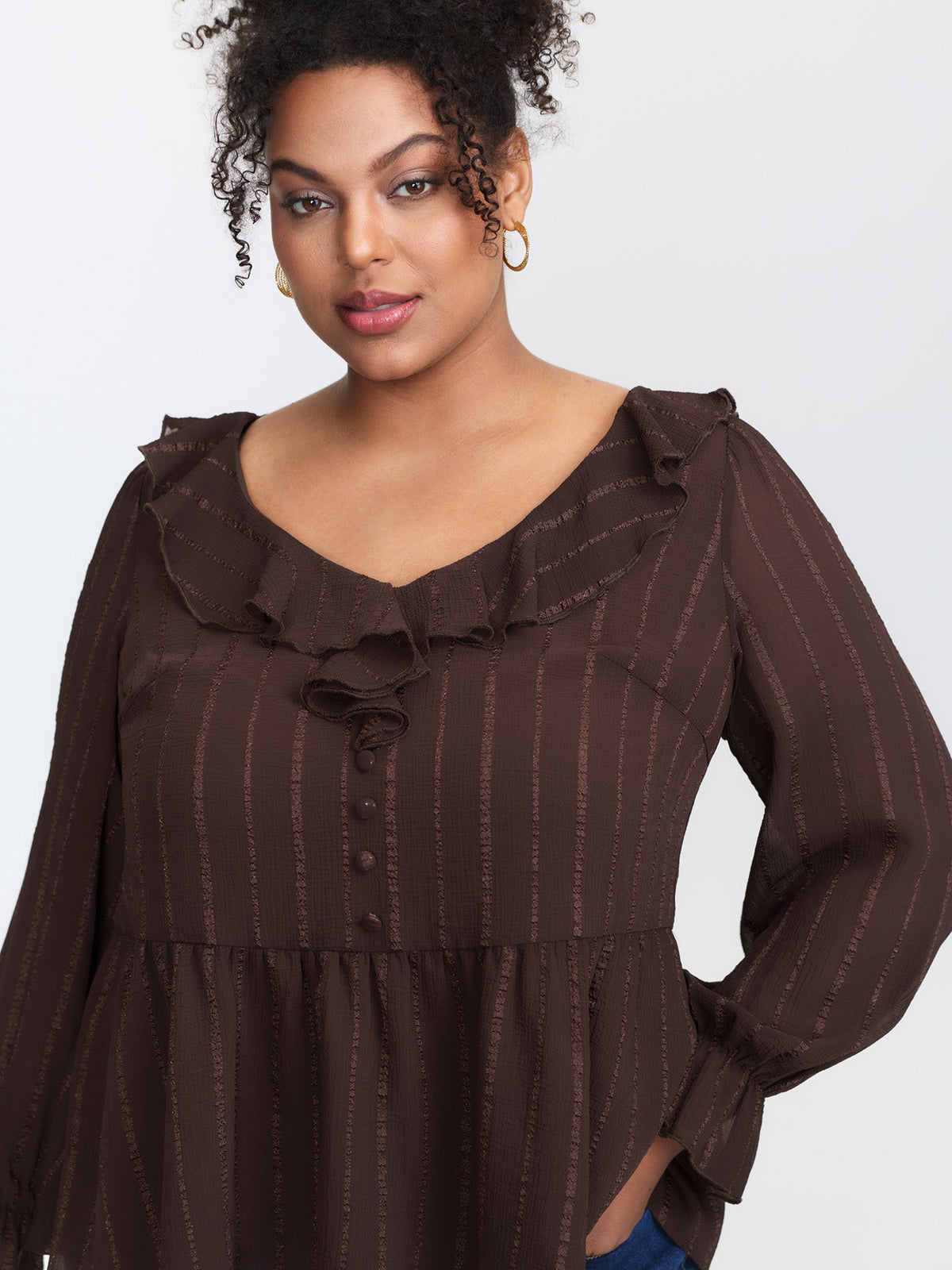 Textured Chiffon Ruffled Neckline Blouse