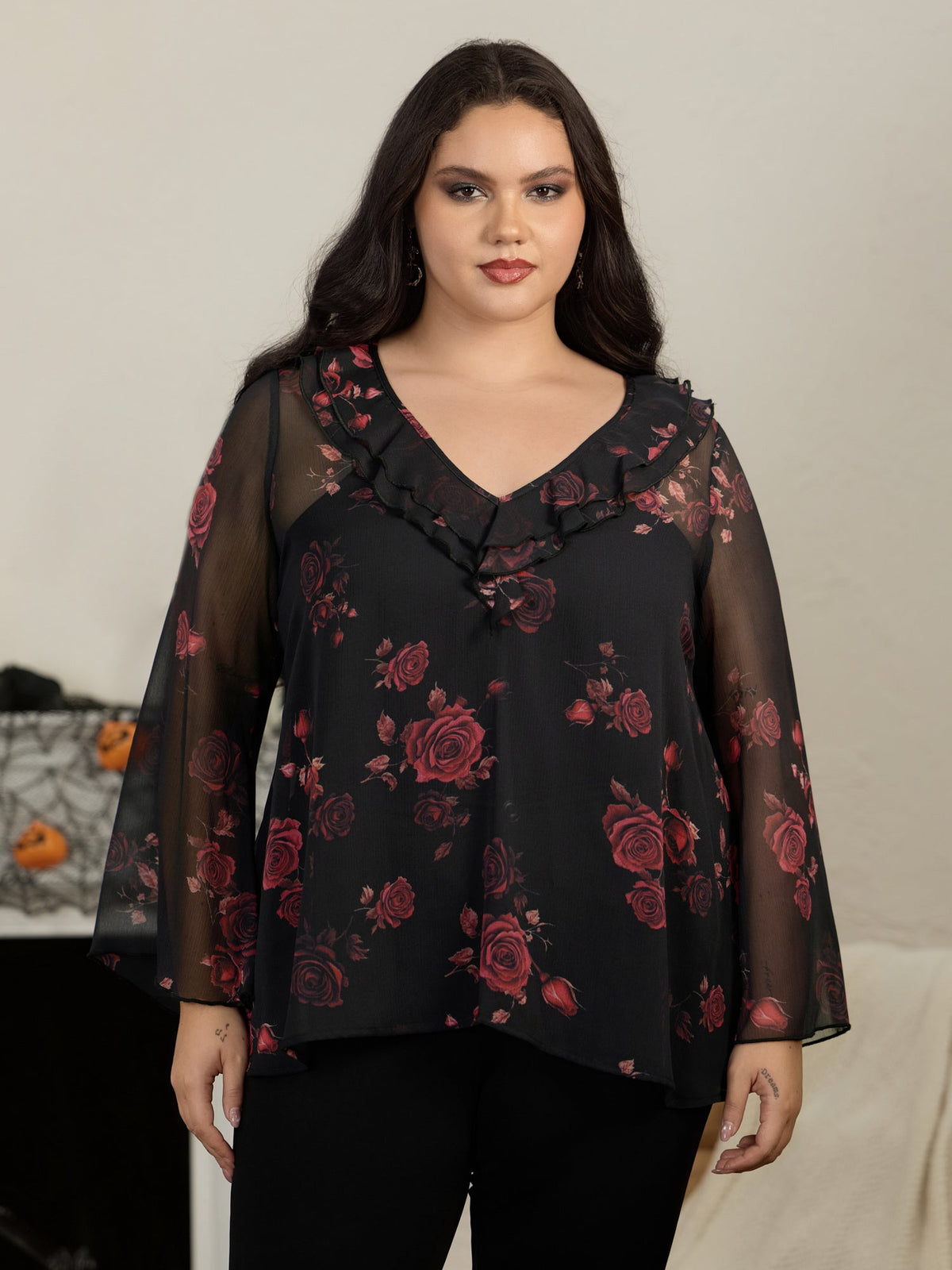 Rose Print Ruffle V‑Neck Sheer Chiffon Blouse
