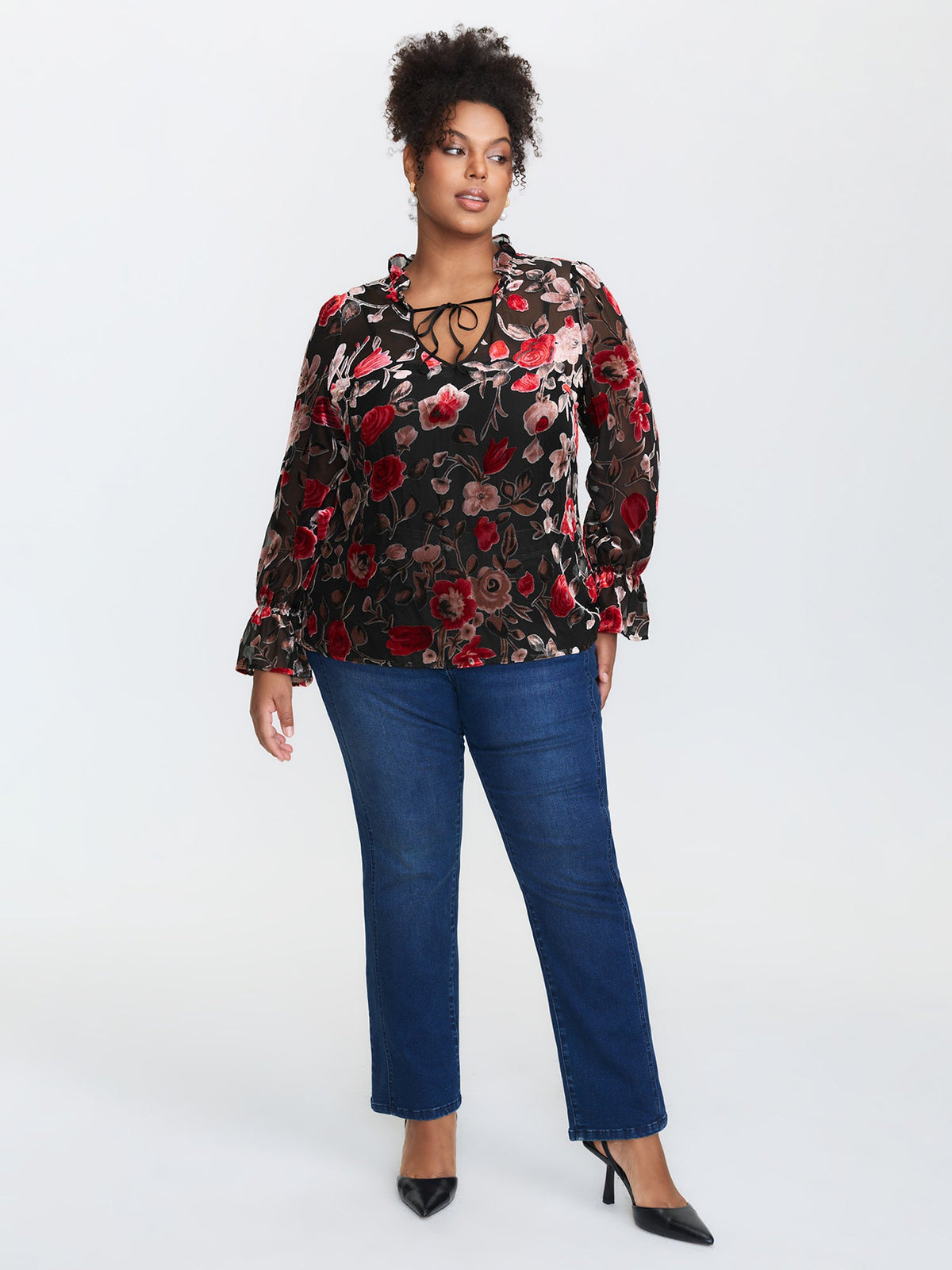 Flock Floral Ruffled Cuff Blouse