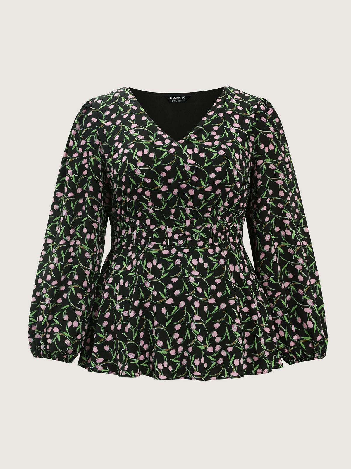 Tulip Print Cinched Flared Blouse