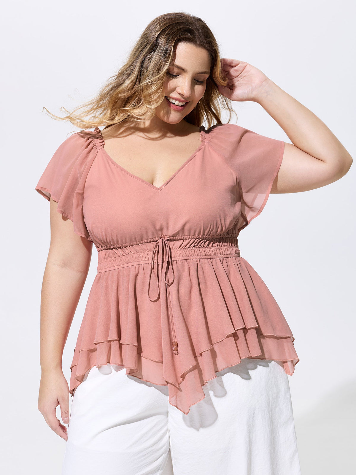 Shirred Waist Layered Ruffled Hem Blouse