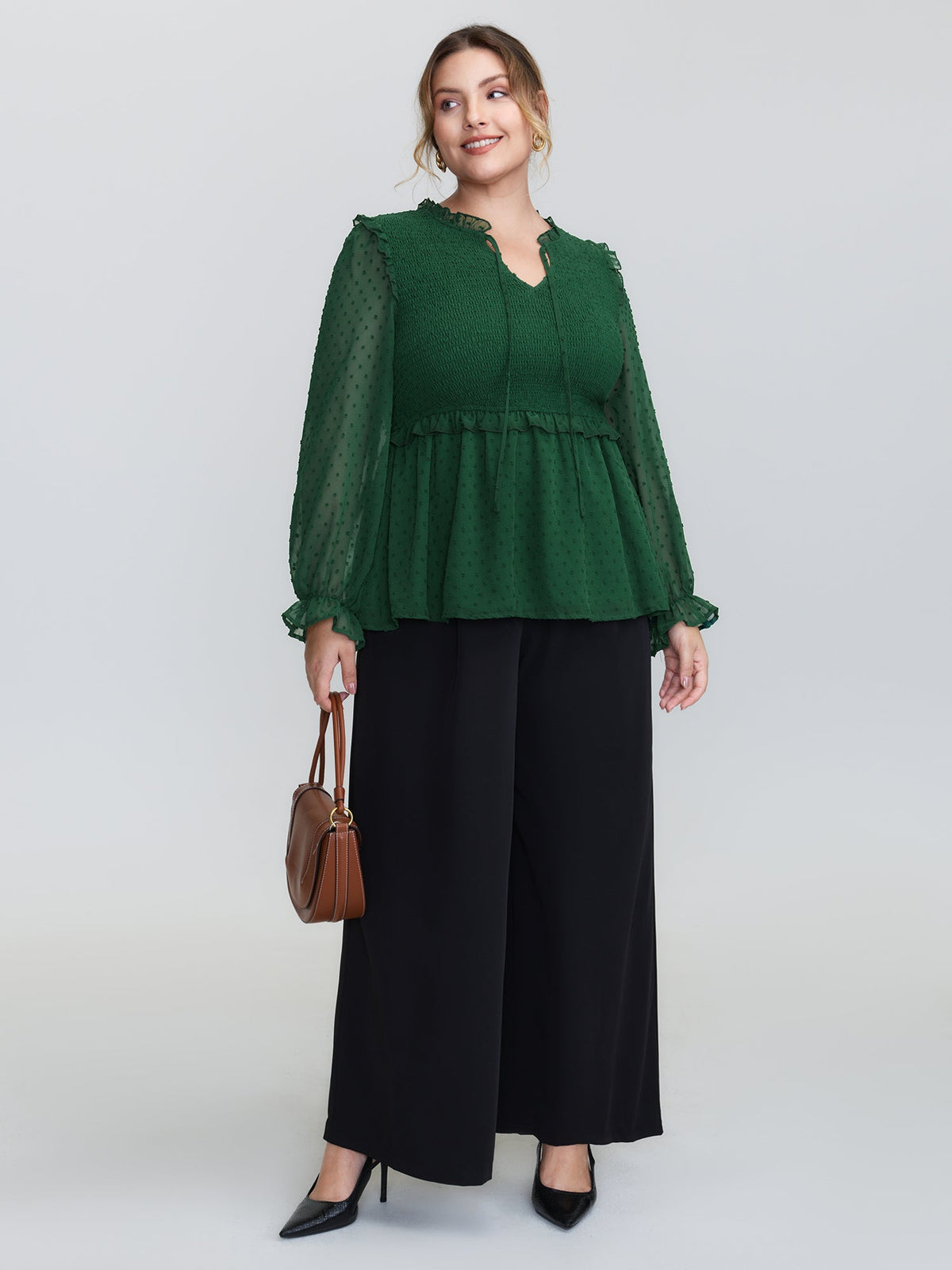 Shirred Textured Neck-Tie Blouse