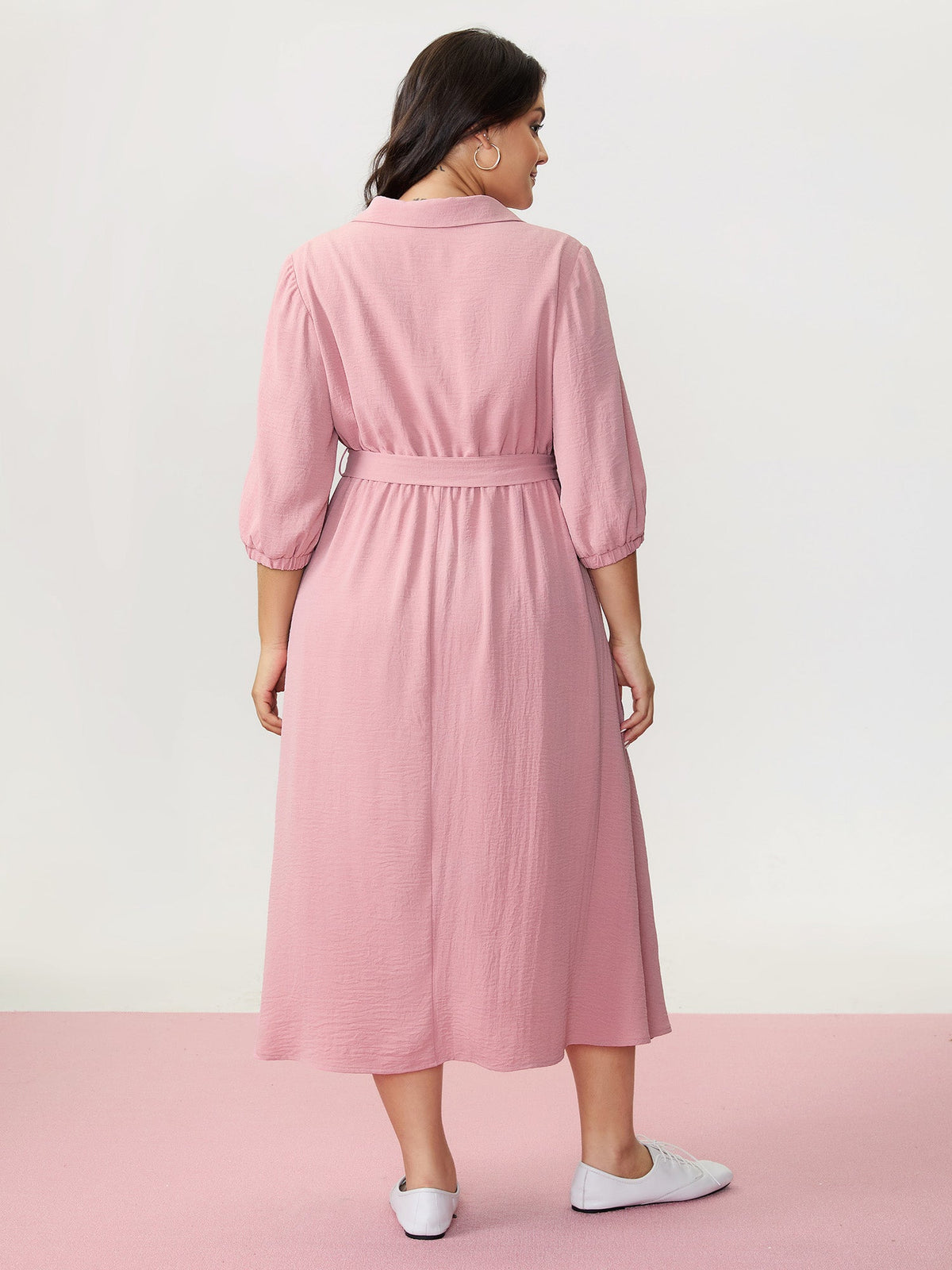Layered Pleated Waist-Tie Shirt Dress